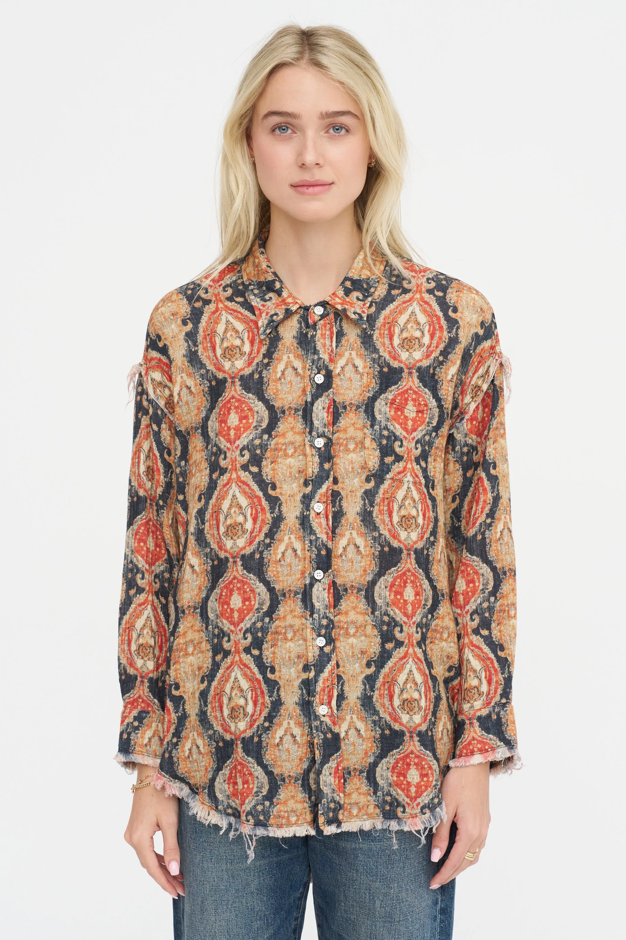 Shredded Seam Drop Neck Shirt, Orange & Dark Navy Multicolor sold by Kick Pleat product image thumbnail 2