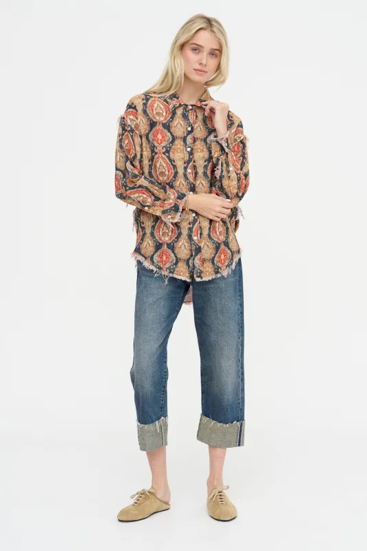 Shredded Seam Drop Neck Shirt, Orange & Dark Navy Multicolor sold by Kick Pleat