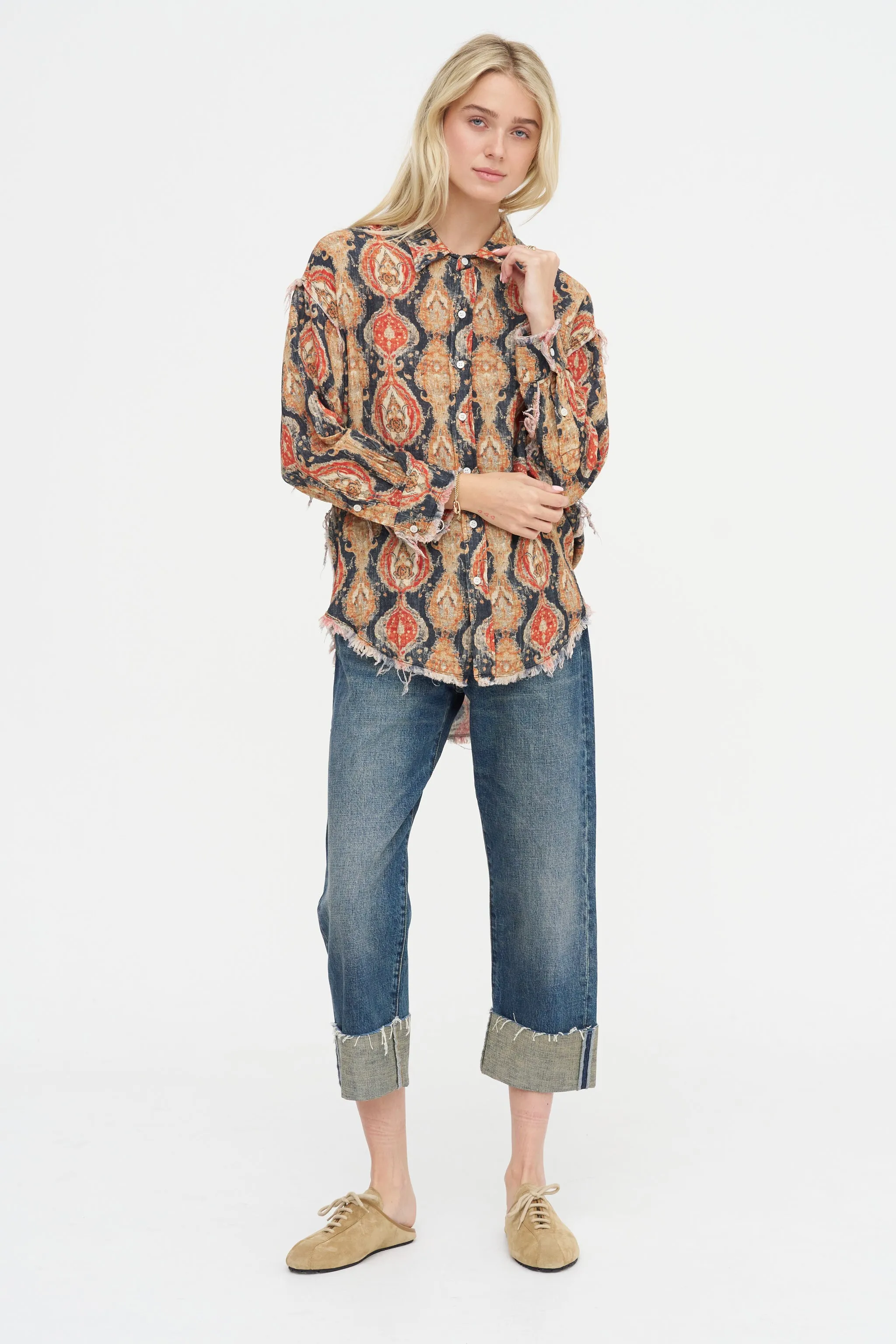 Shredded Seam Drop Neck Shirt, Orange & Dark Navy Multicolor sold by Kick Pleat