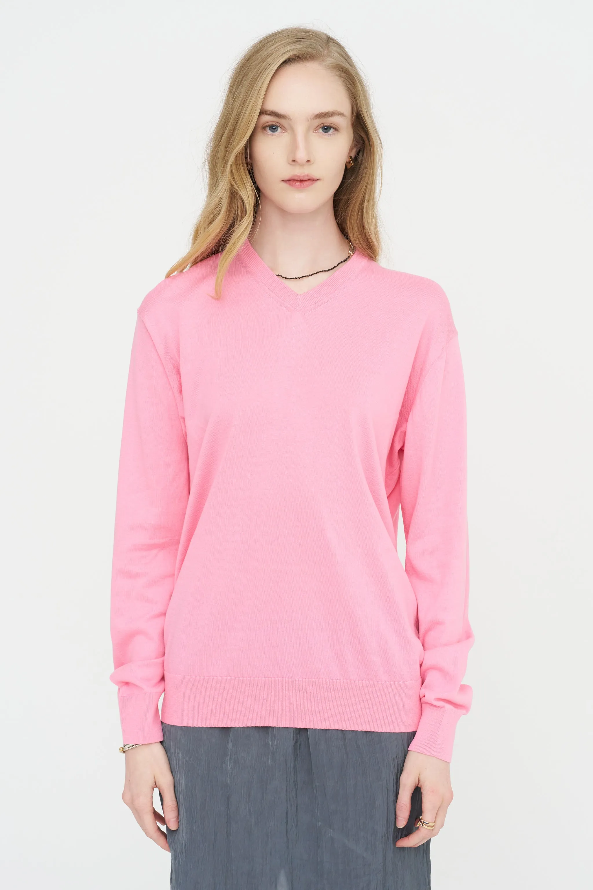 Super Fine Gauge Perfect V-Neck Men's Pullover, Bubble Gum Pink sold by Kick Pleat product image thumbnail 2
