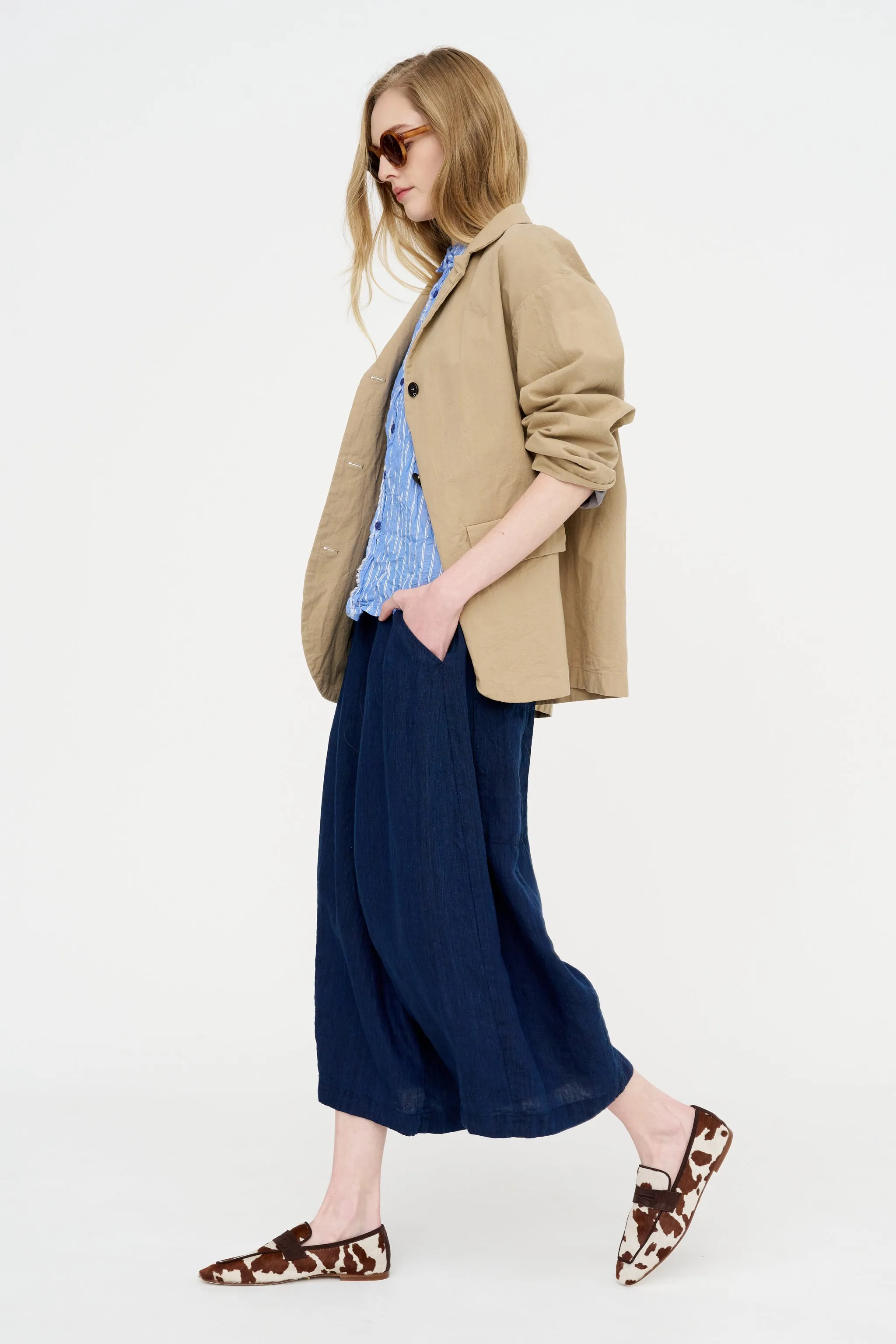 Linen Indigo Chambray Pants, Navy sold by Kick Pleat