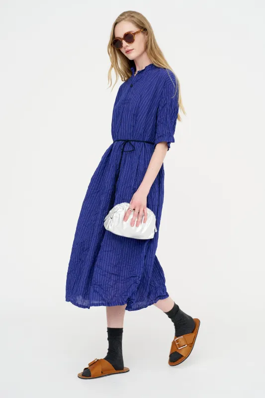 Blue Shirring Stripe Dress, Navy made by Pas de Calais