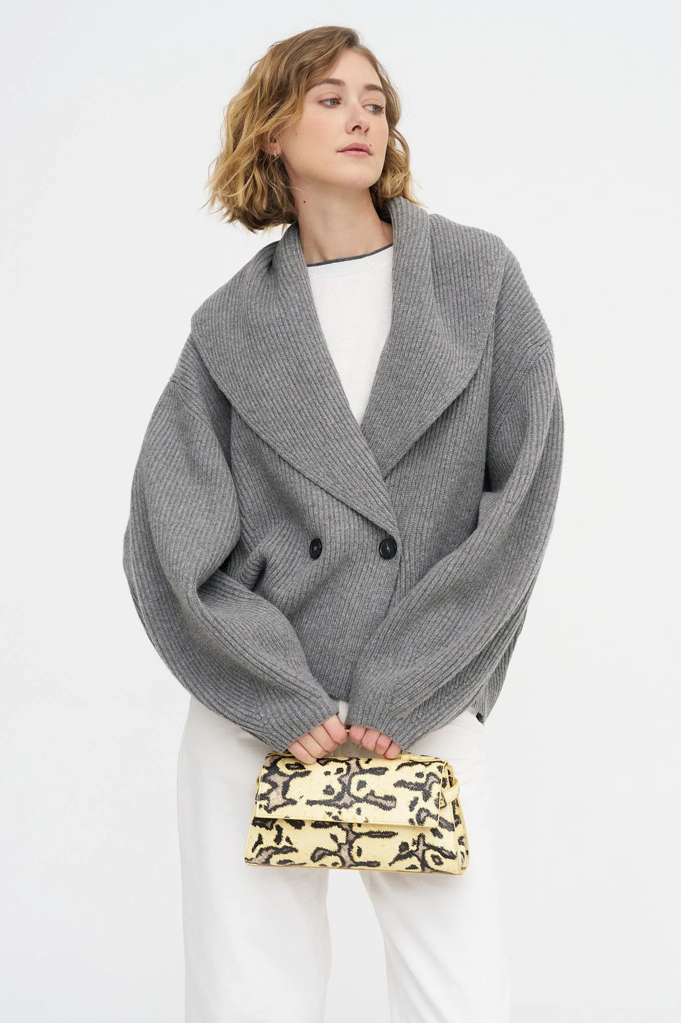 Shawl-lapel Cardigan, Mid-Grey sold by Kick Pleat