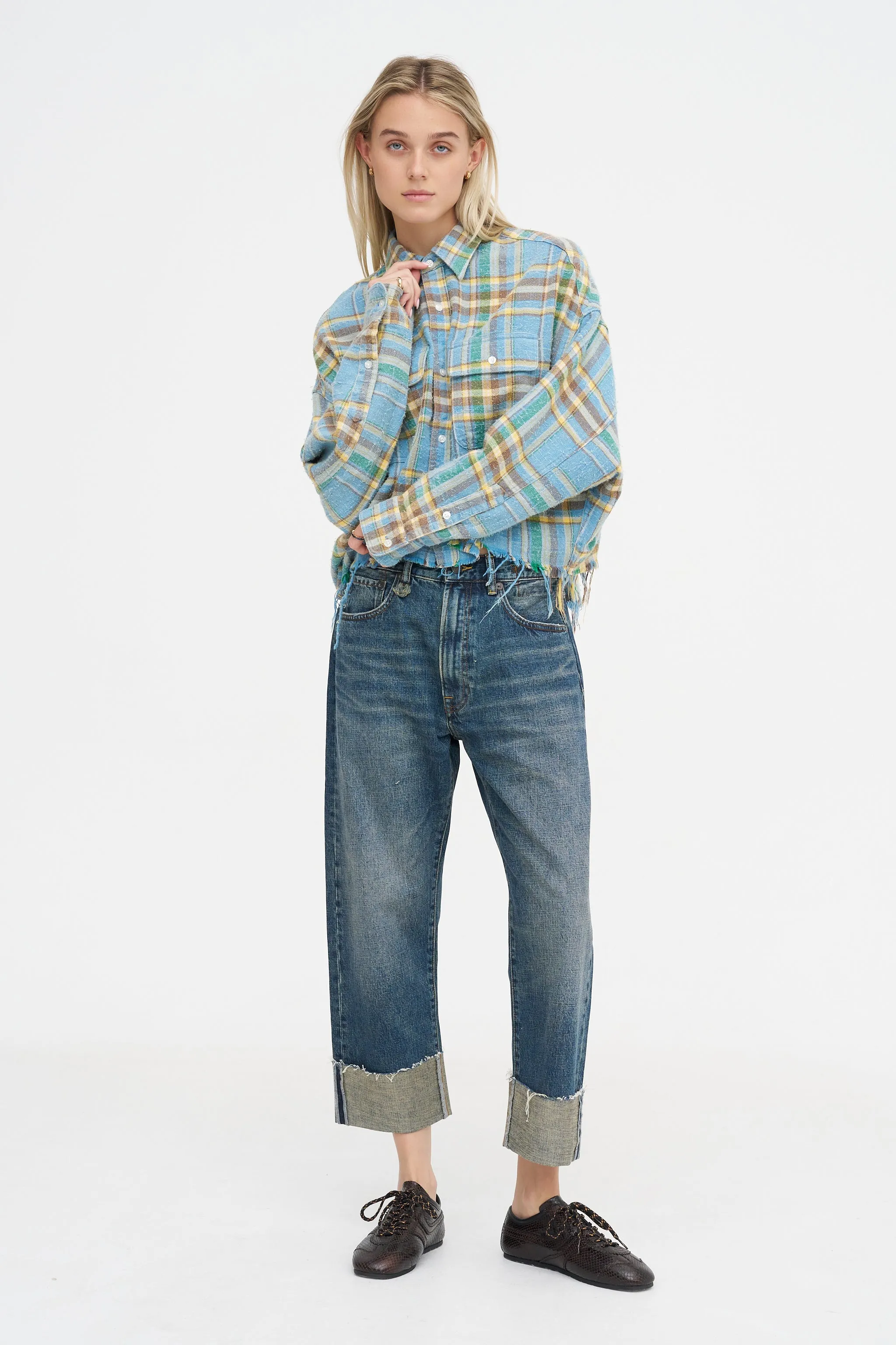 Cropped Work Shirt, Light Blue Plaid sold by Kick Pleat product image thumbnail 2