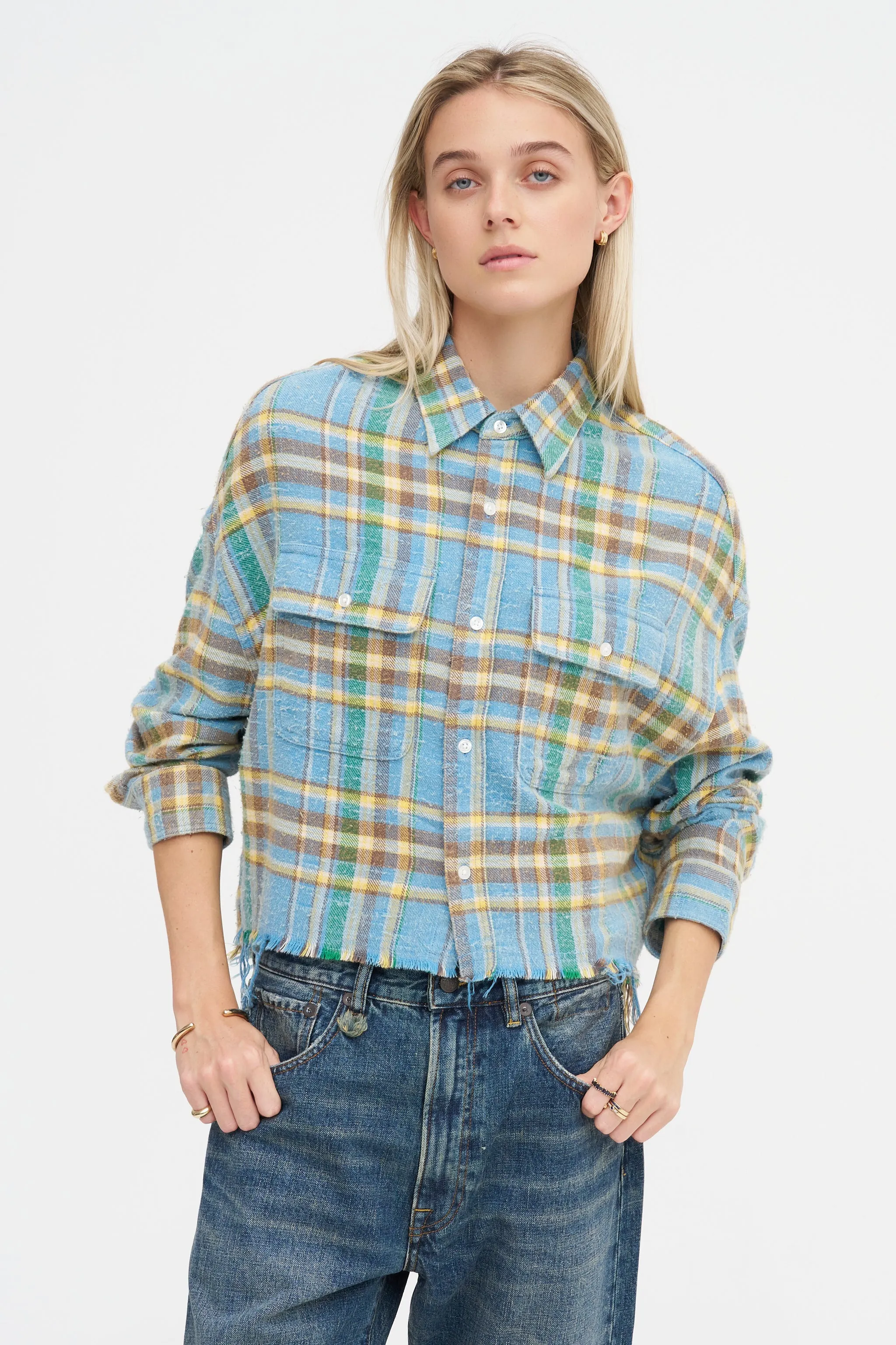 Cropped Work Shirt, Light Blue Plaid sold by Kick Pleat