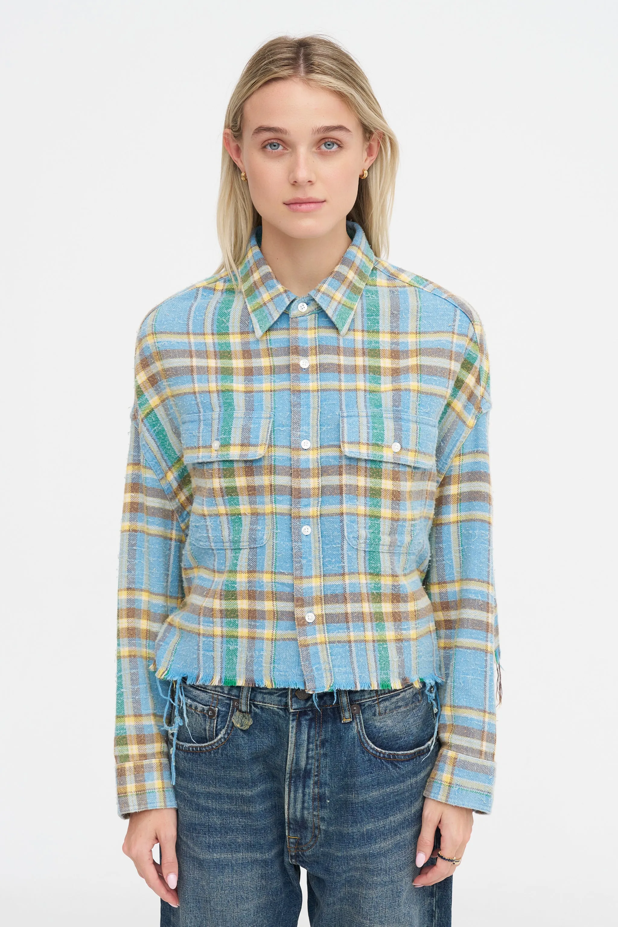 Cropped Work Shirt, Light Blue Plaid sold by Kick Pleat product image thumbnail 3