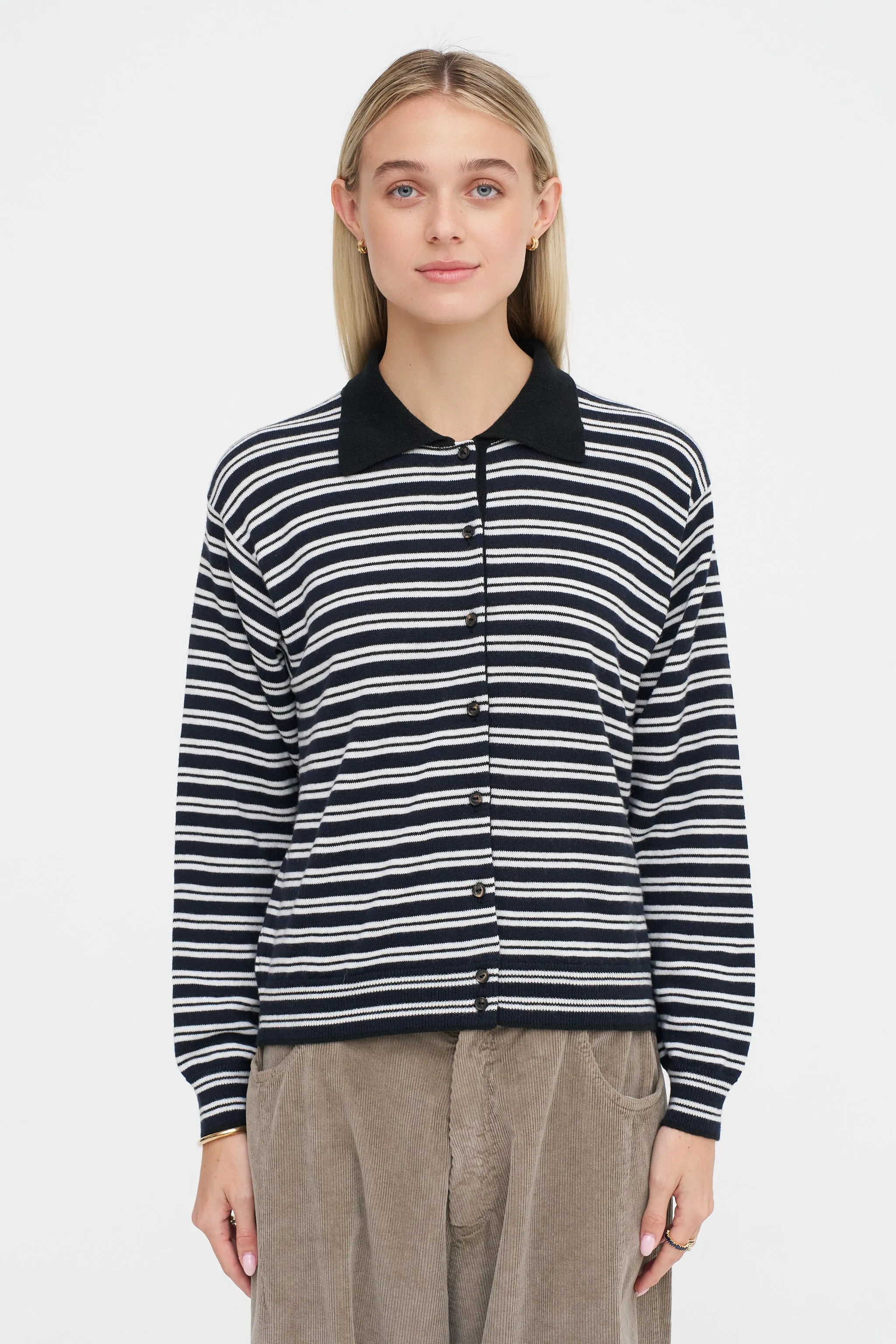 Merino Wool Striped Polo Cardigan, Black & White sold by Kick Pleat product image thumbnail 2