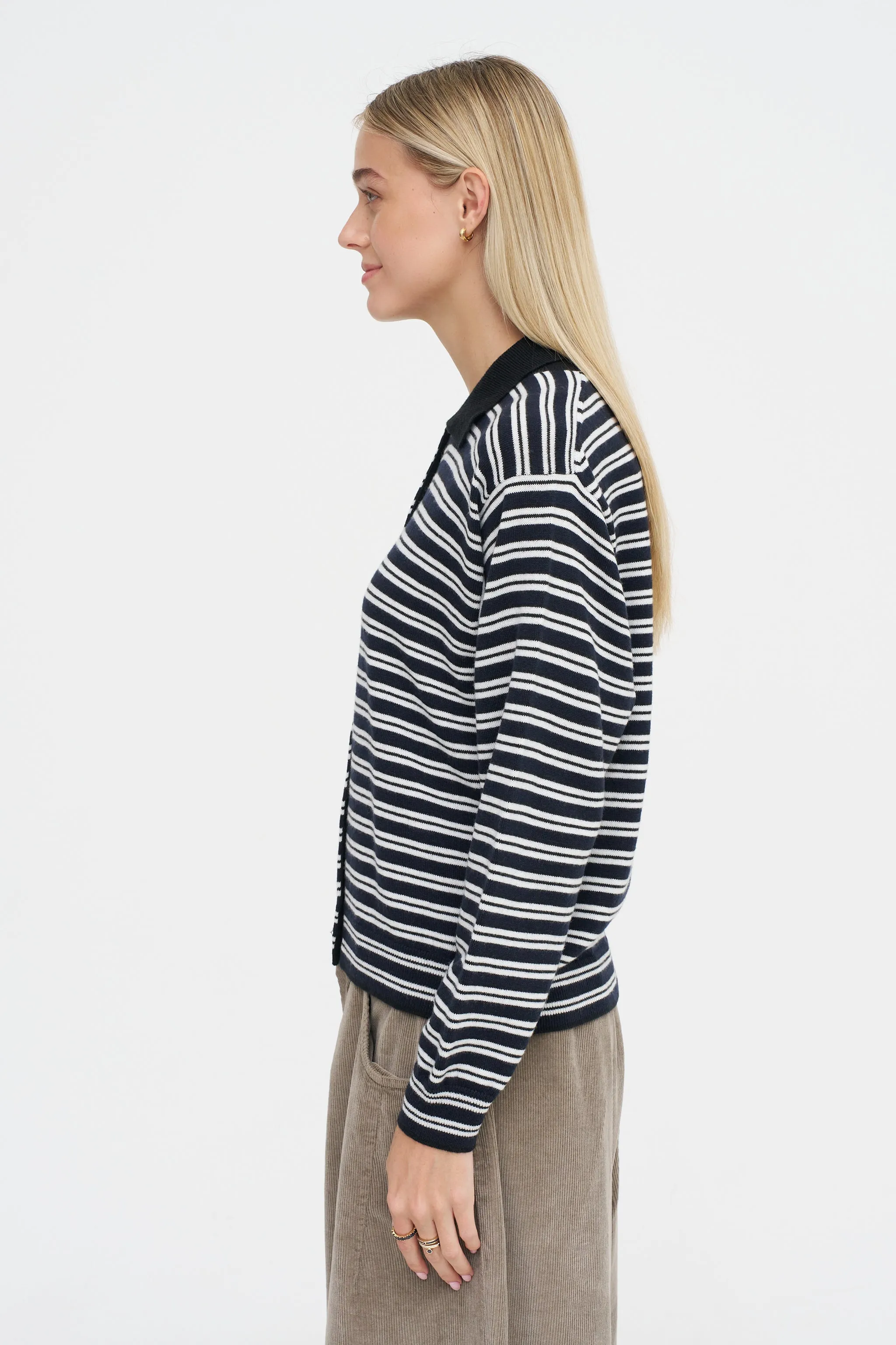 Merino Wool Striped Polo Cardigan, Black & White sold by Kick Pleat product image thumbnail 3