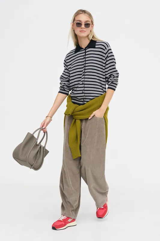 Merino Wool Striped Polo Cardigan, Black & White made by Cordera