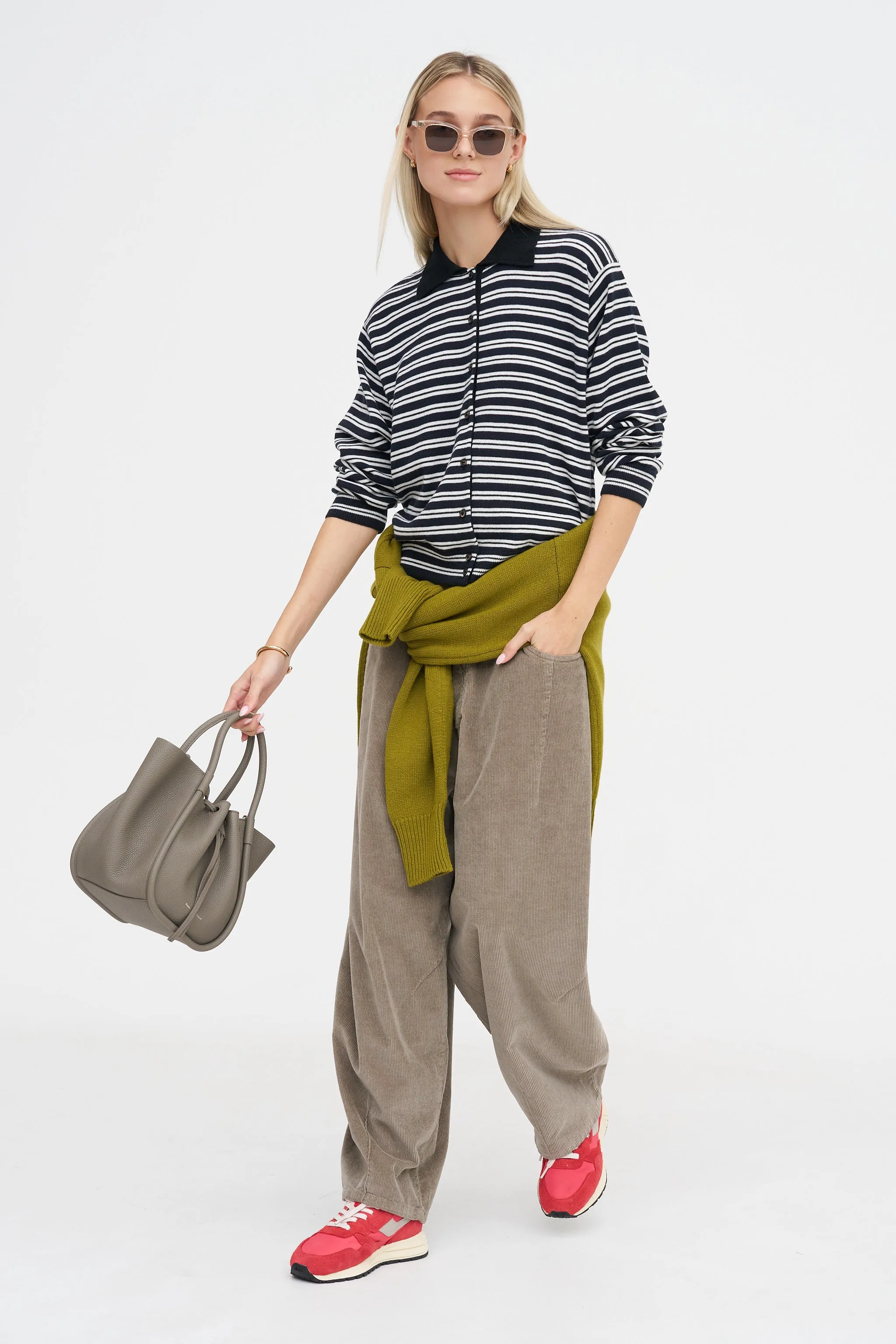 Merino Wool Striped Polo Cardigan, Black & White sold by Kick Pleat