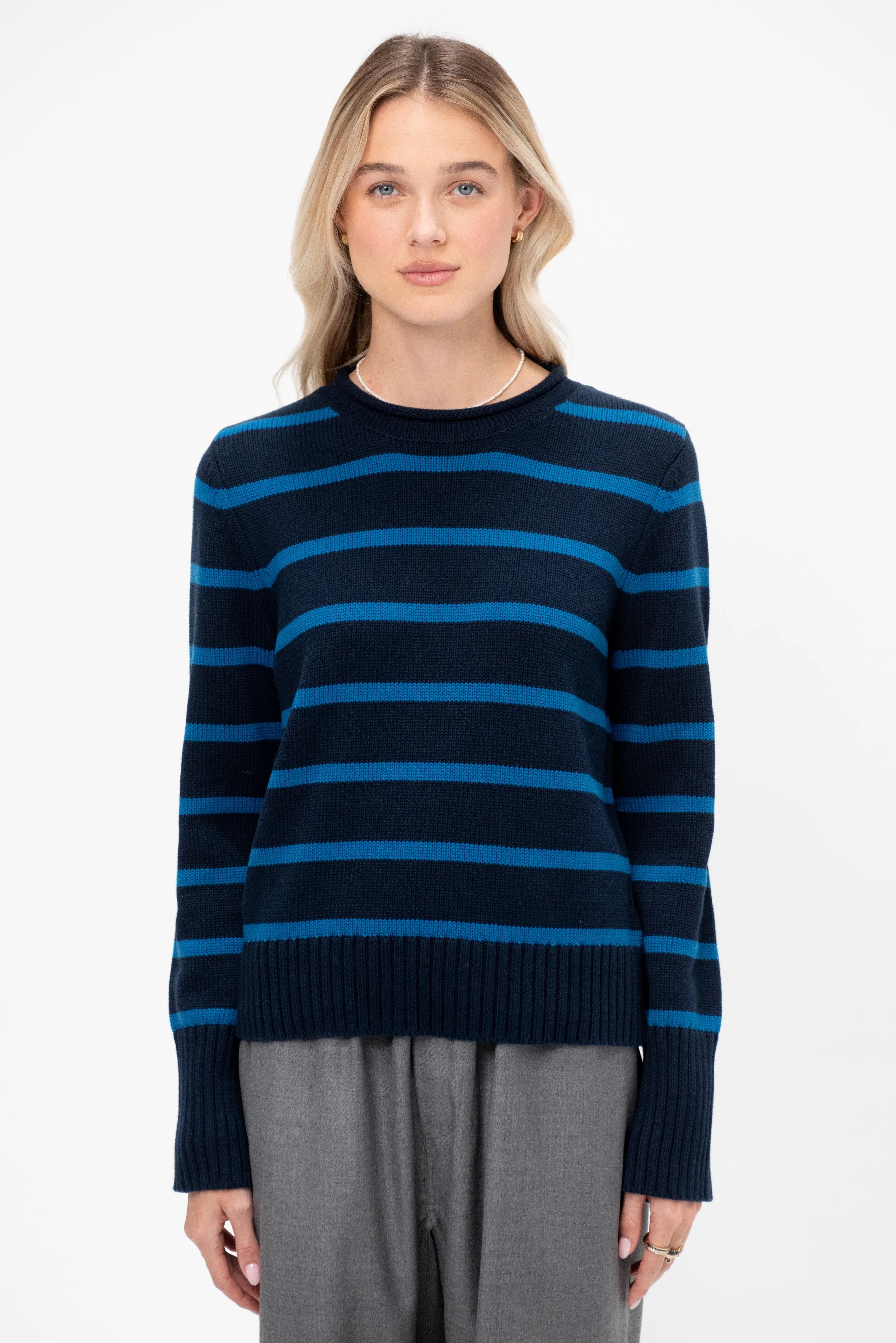 Quinn Stripe Cotton Sweater, Navy & Peacock sold by Kick Pleat product image thumbnail 4