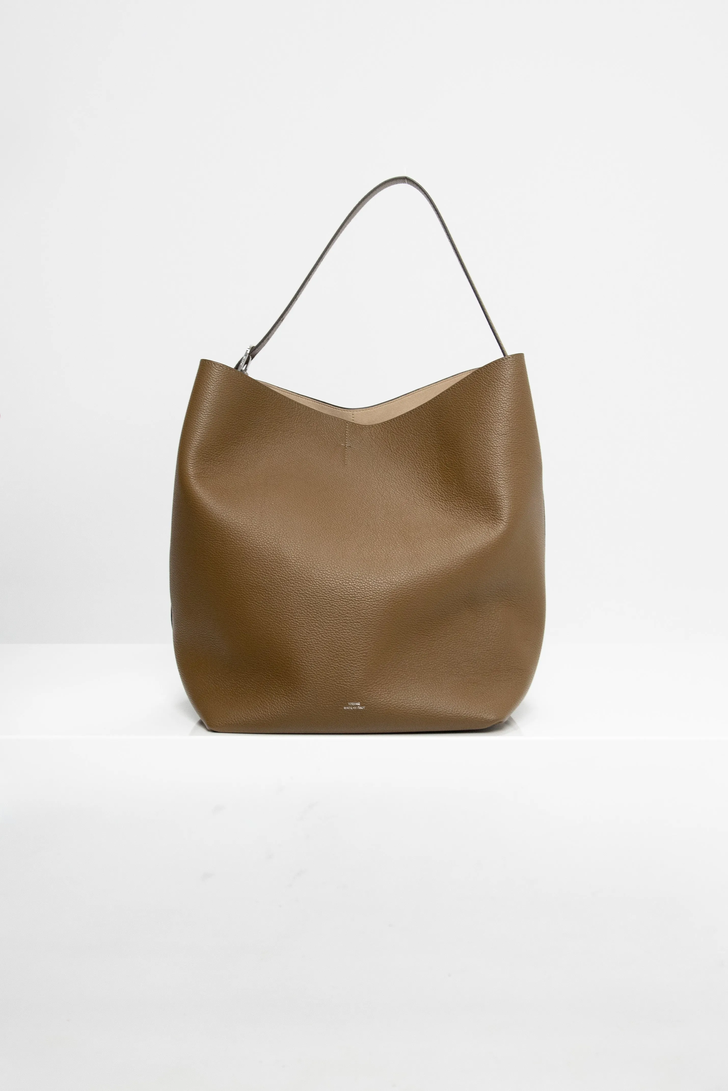 Belted Grained-Leather Tote, Dark Taupe sold by Kick Pleat