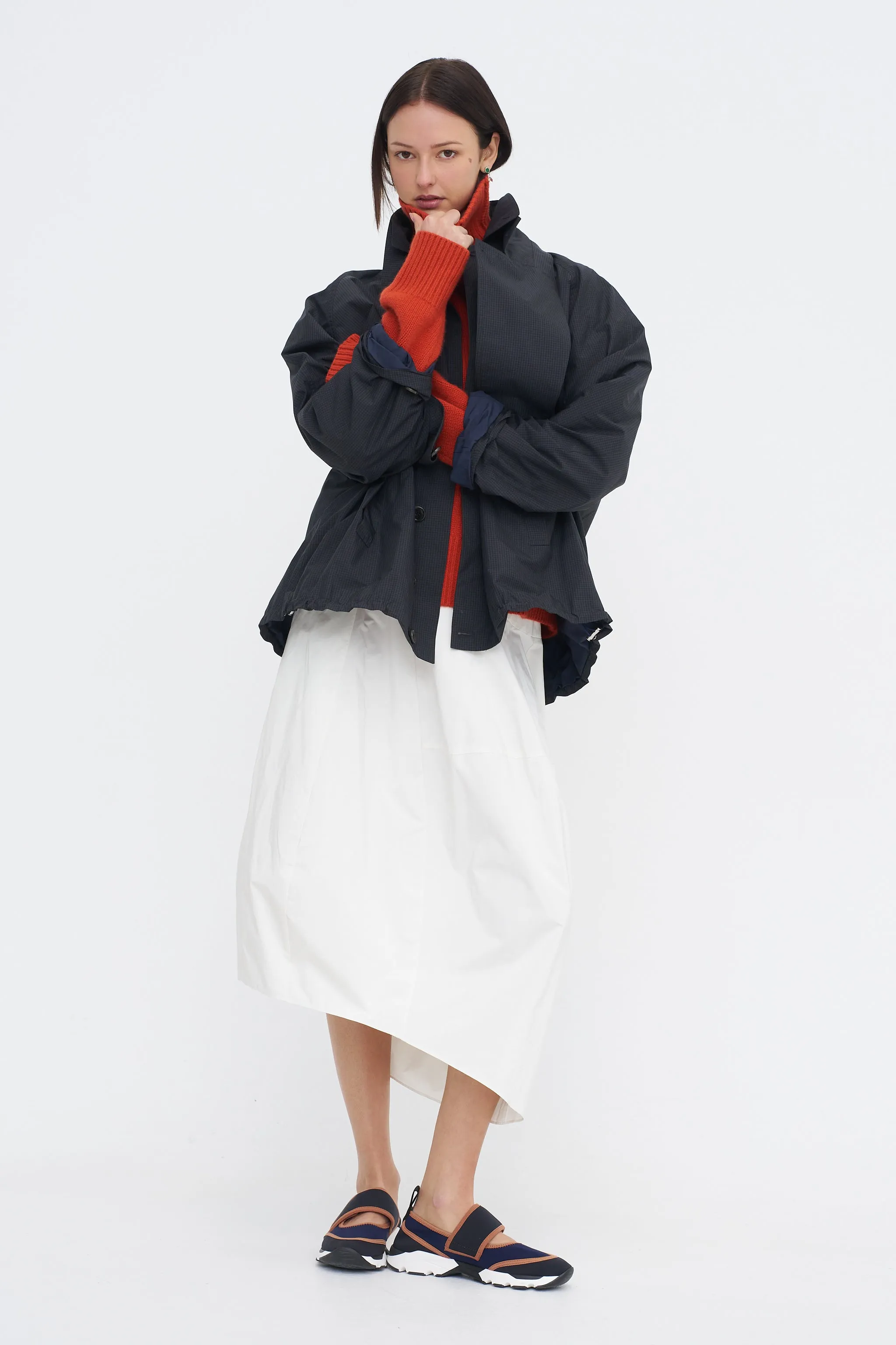 Nylon Asymmetrical Balloon Skirt, White sold by Kick Pleat