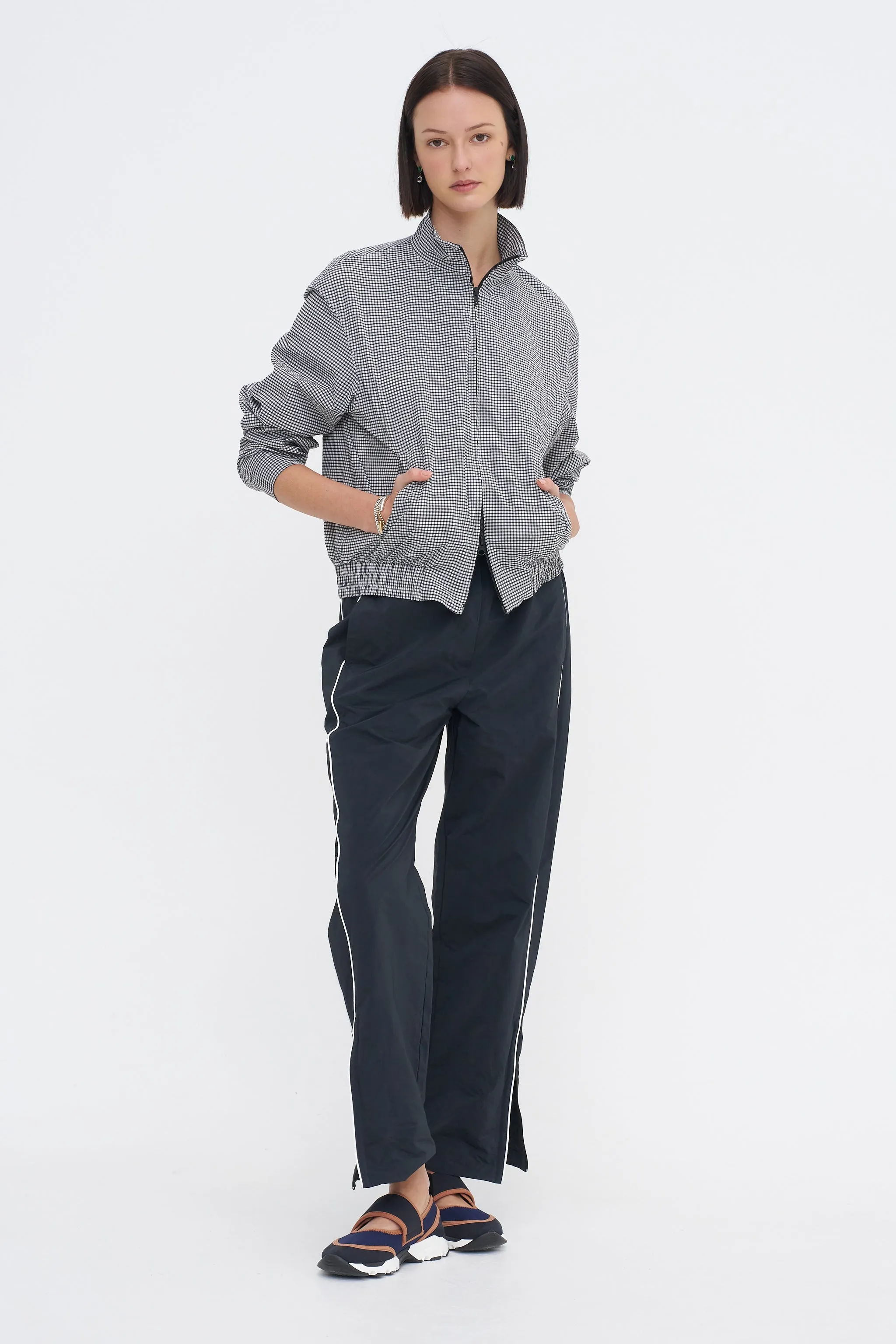 Tech Gingham Track Jacket, Black & White Gingham sold by Kick Pleat
