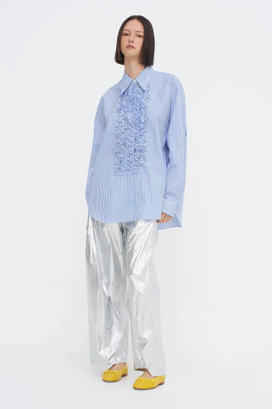 Striped Shirting Easy Tuxedo Shirt, Blue Multi made by Tibi