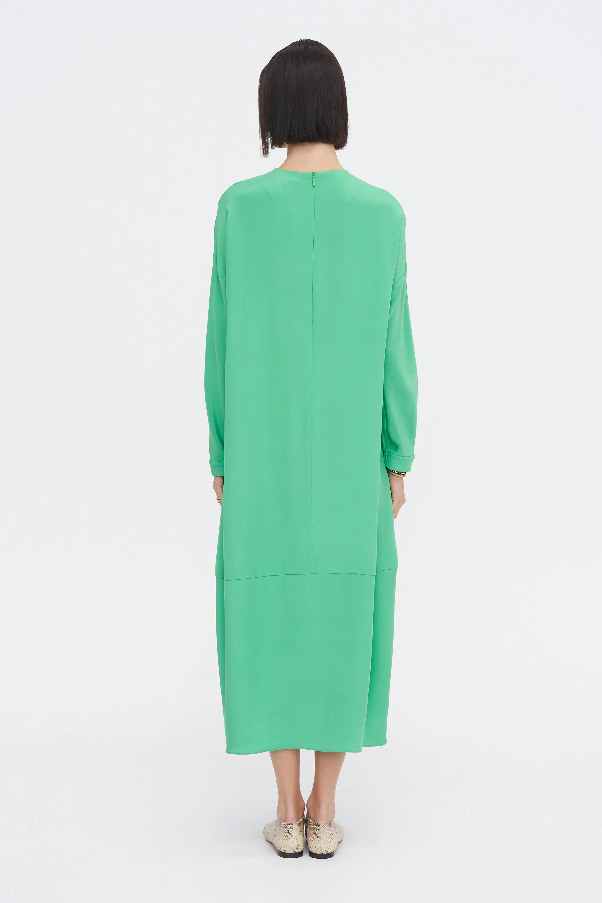 4-Ply Silk Long Sleeve Cocoon Dress, Green sold by Kick Pleat product image thumbnail 4