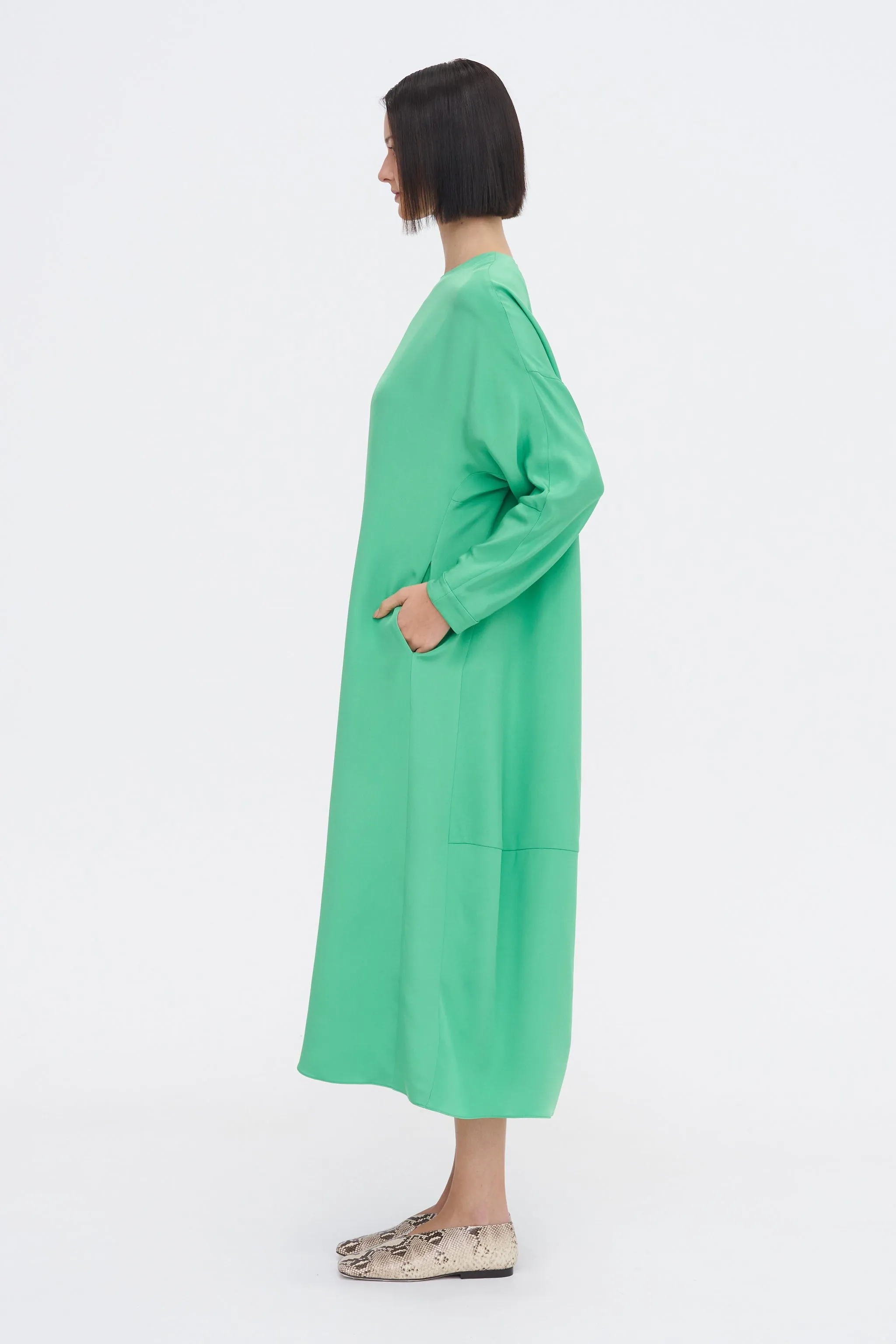 4-Ply Silk Long Sleeve Cocoon Dress, Green sold by Kick Pleat product image thumbnail 3