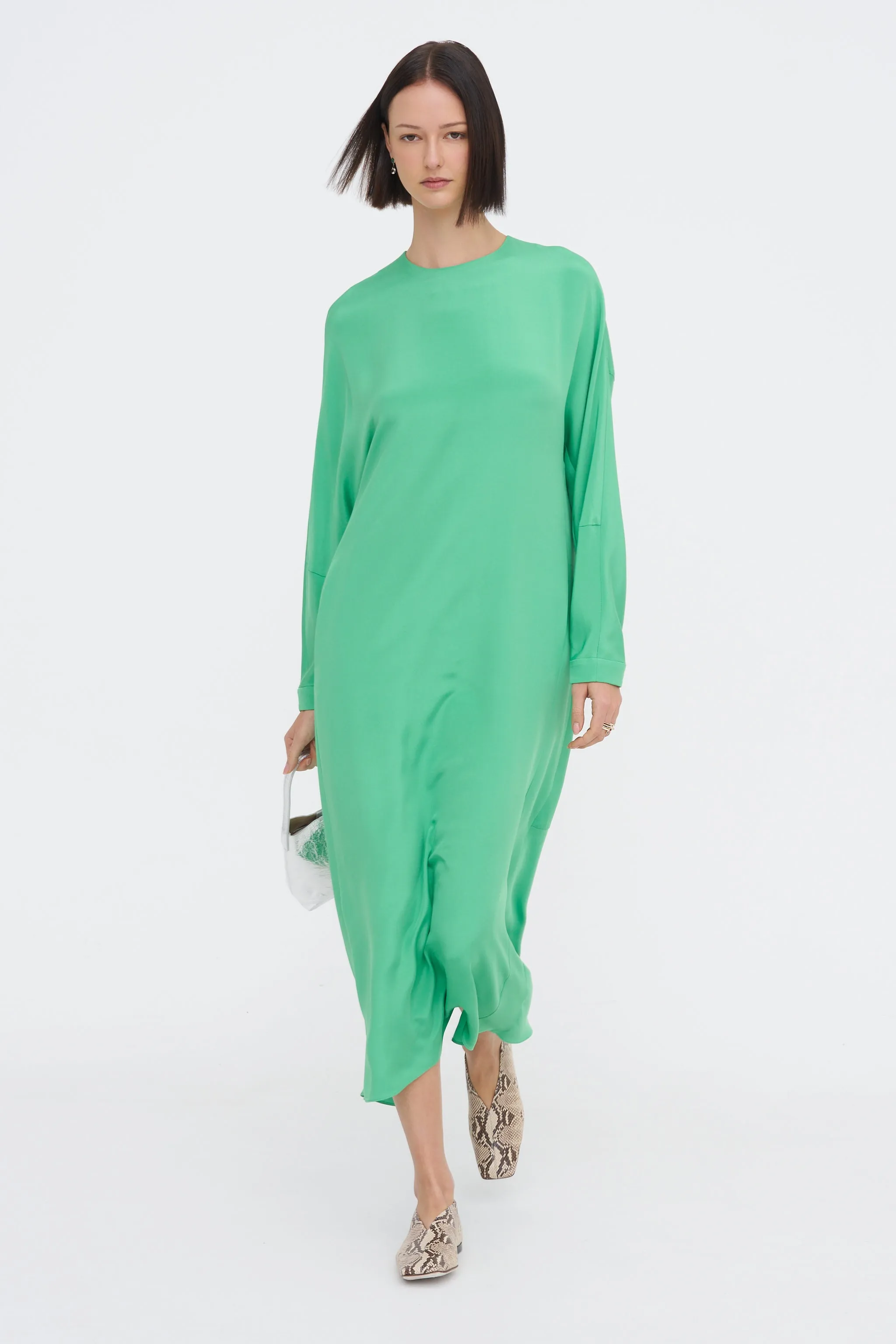 4-Ply Silk Long Sleeve Cocoon Dress, Green sold by Kick Pleat product image thumbnail 5