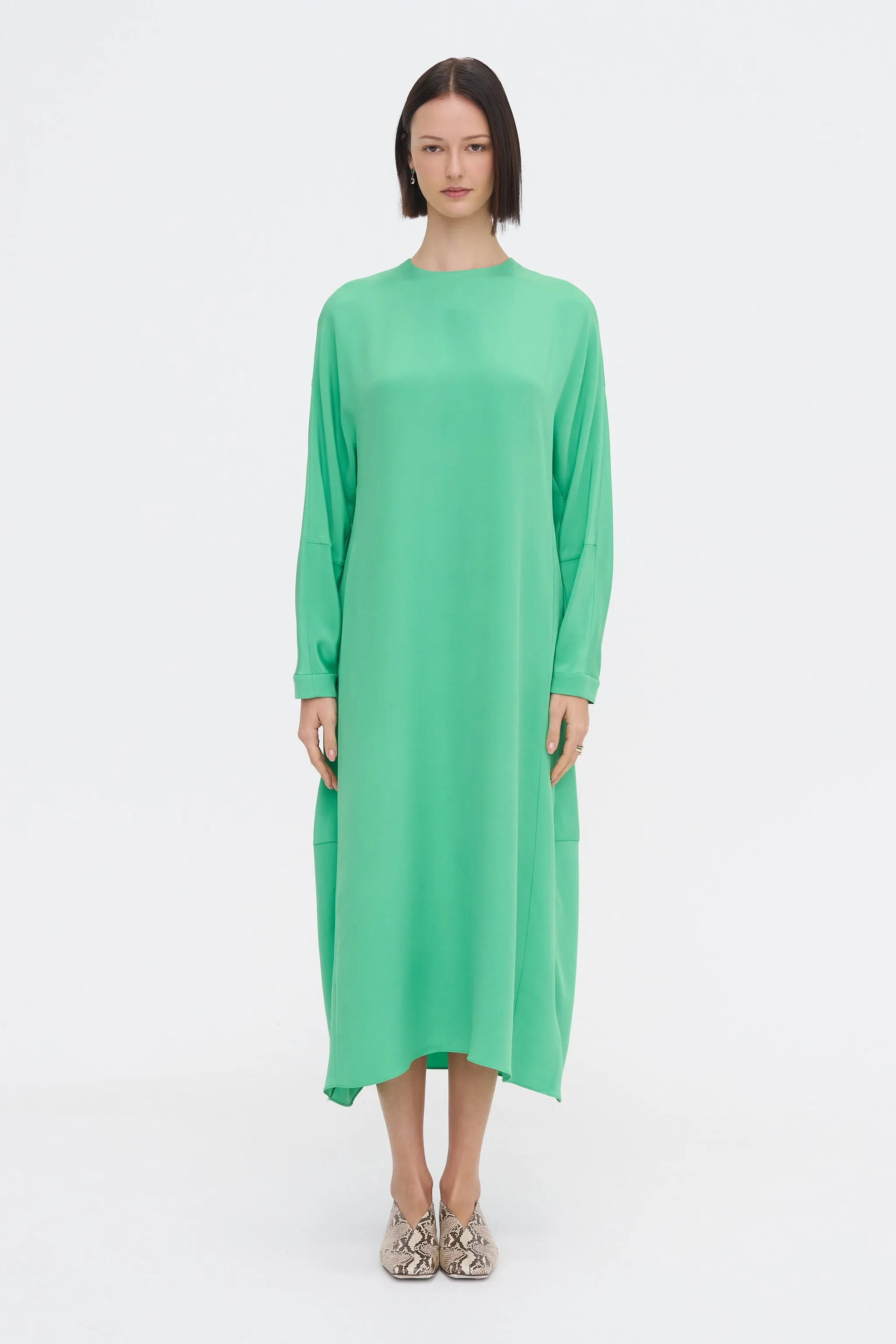 4-Ply Silk Long Sleeve Cocoon Dress, Green sold by Kick Pleat product image thumbnail 2