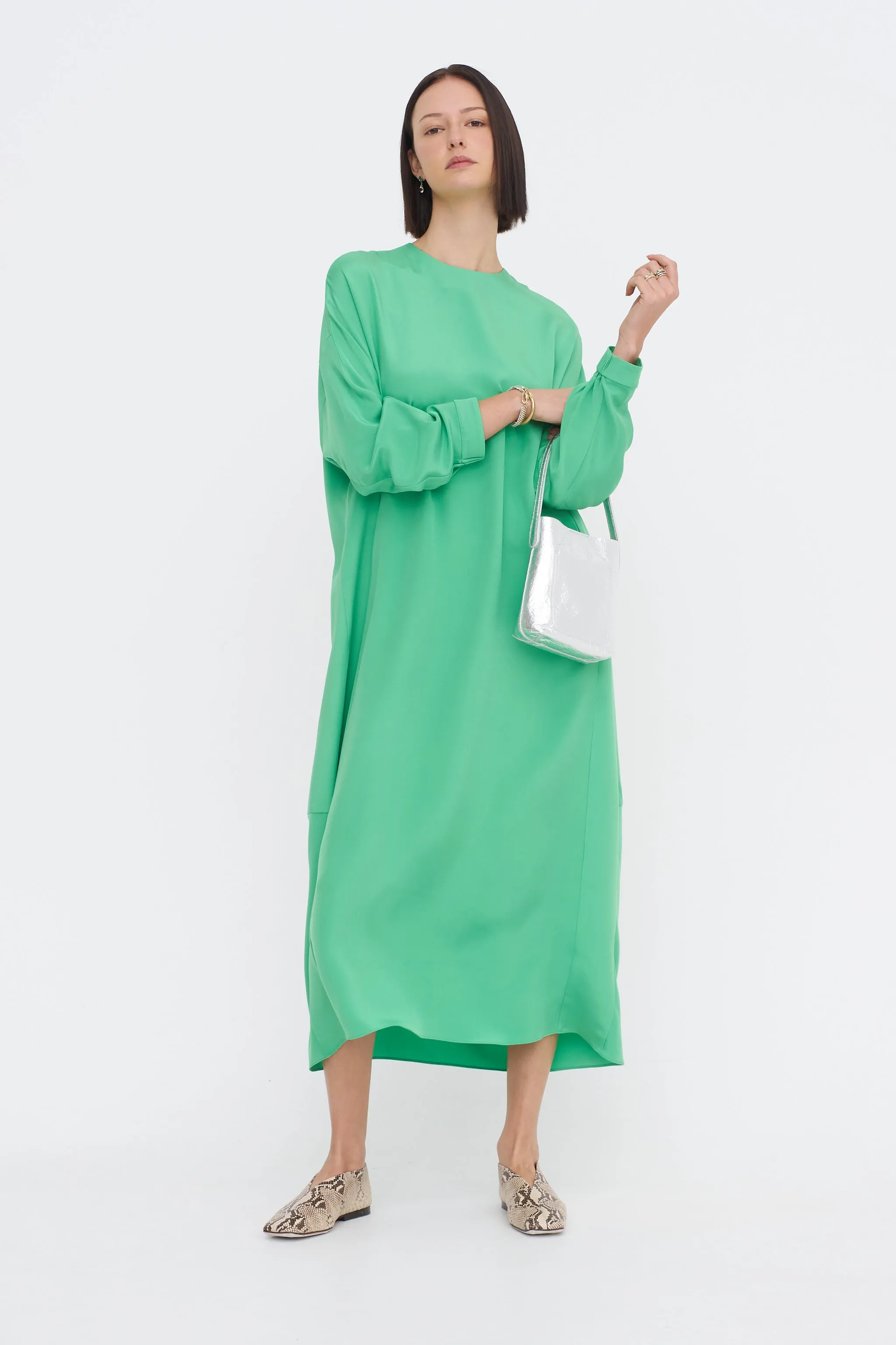 4-Ply Silk Long Sleeve Cocoon Dress, Green sold by Kick Pleat