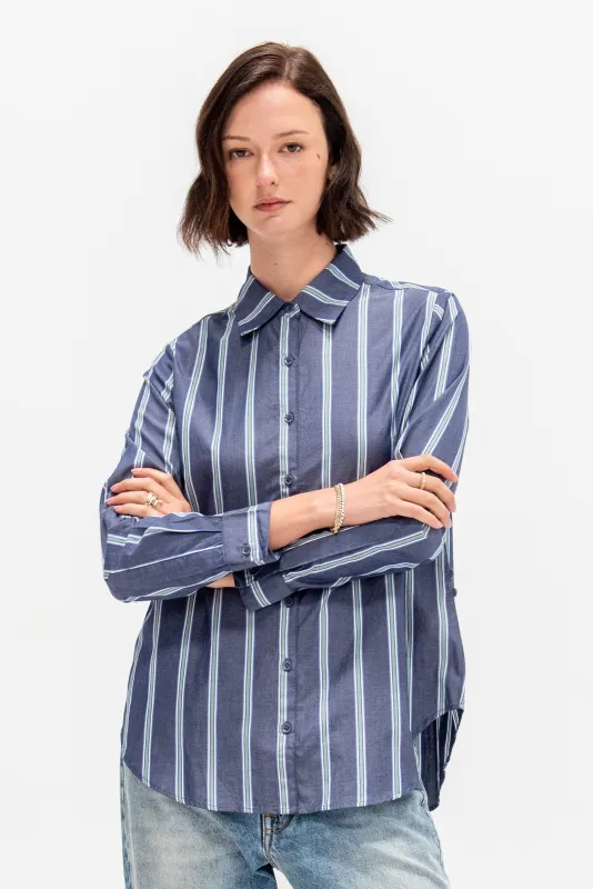Sodi Wrap Button Top, Indigo Stripe made by Apiece Apart