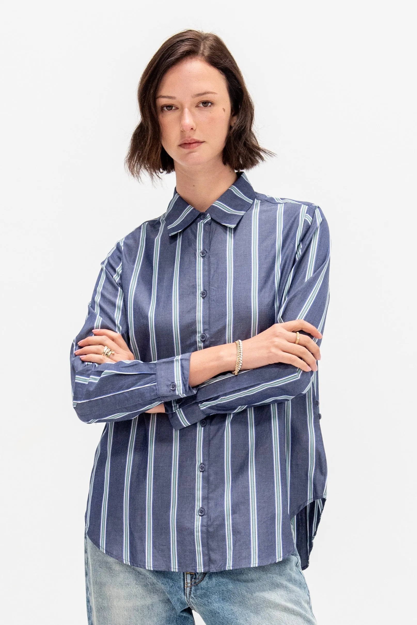 Sodi Wrap Button Top, Indigo Stripe sold by Kick Pleat