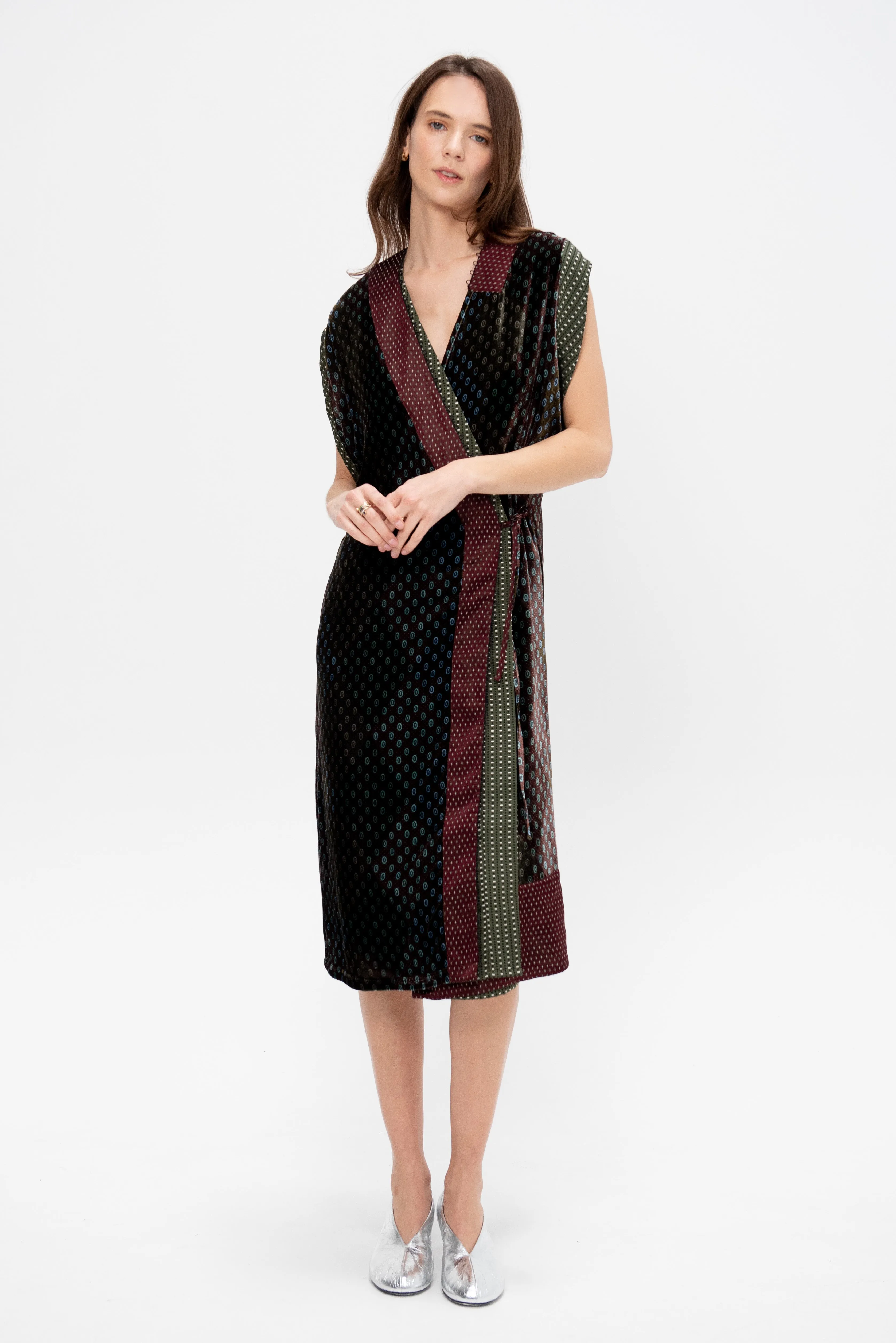 Velvet Wrap Dress, Khaki sold by Kick Pleat