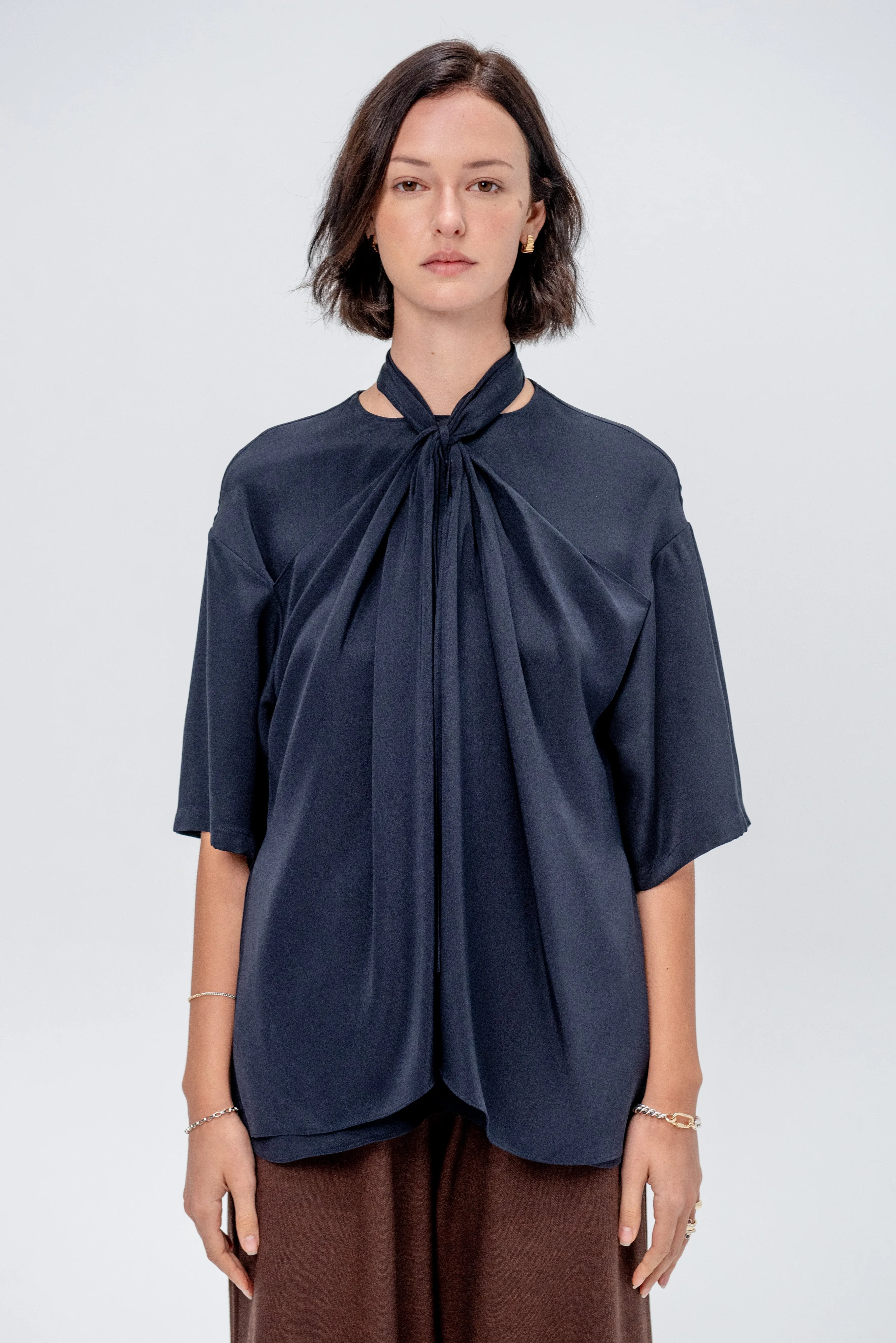 4-Ply Silk Tie Front Top, Dark Navy sold by Kick Pleat product image thumbnail 3