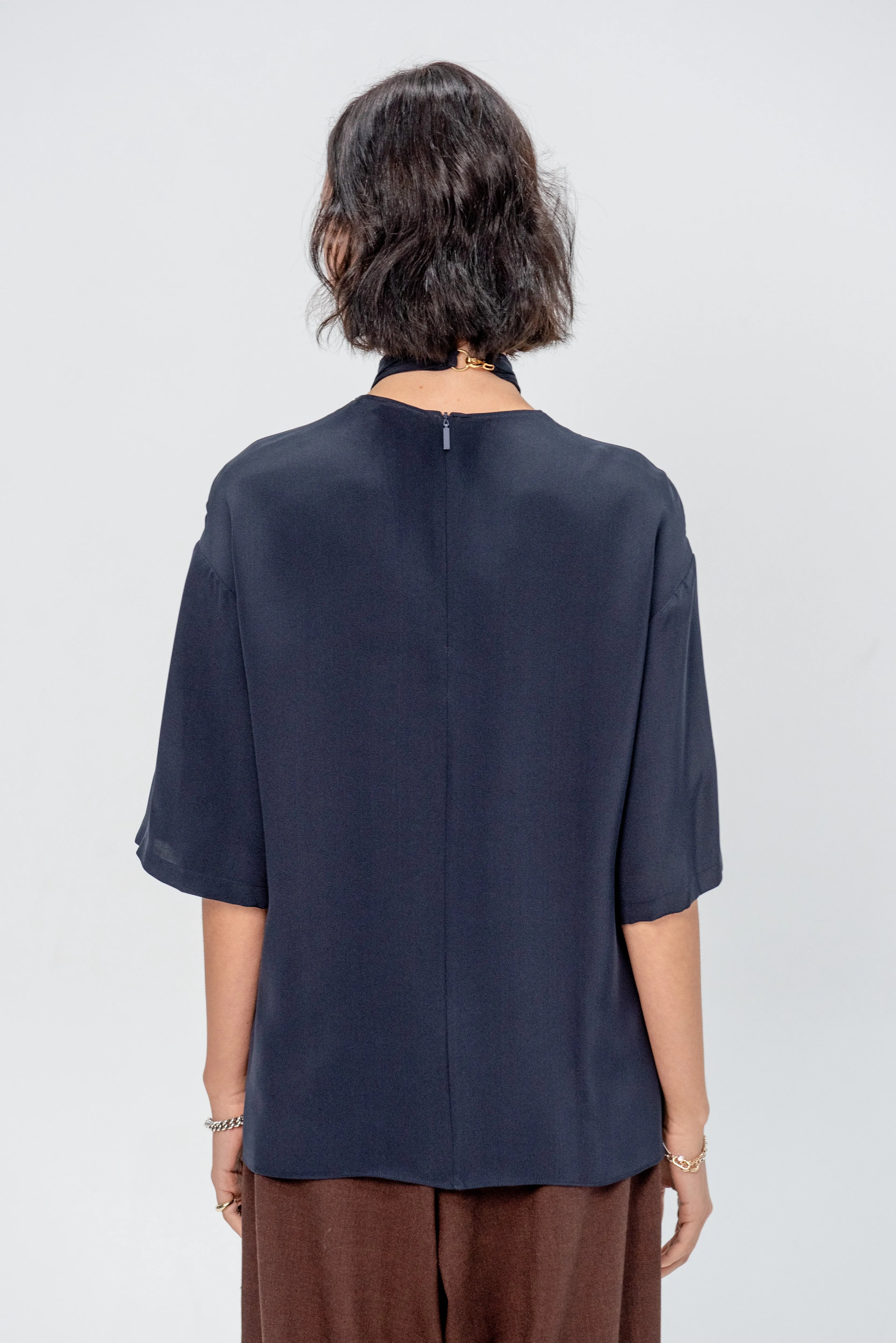 4-Ply Silk Tie Front Top, Dark Navy sold by Kick Pleat product image thumbnail 5