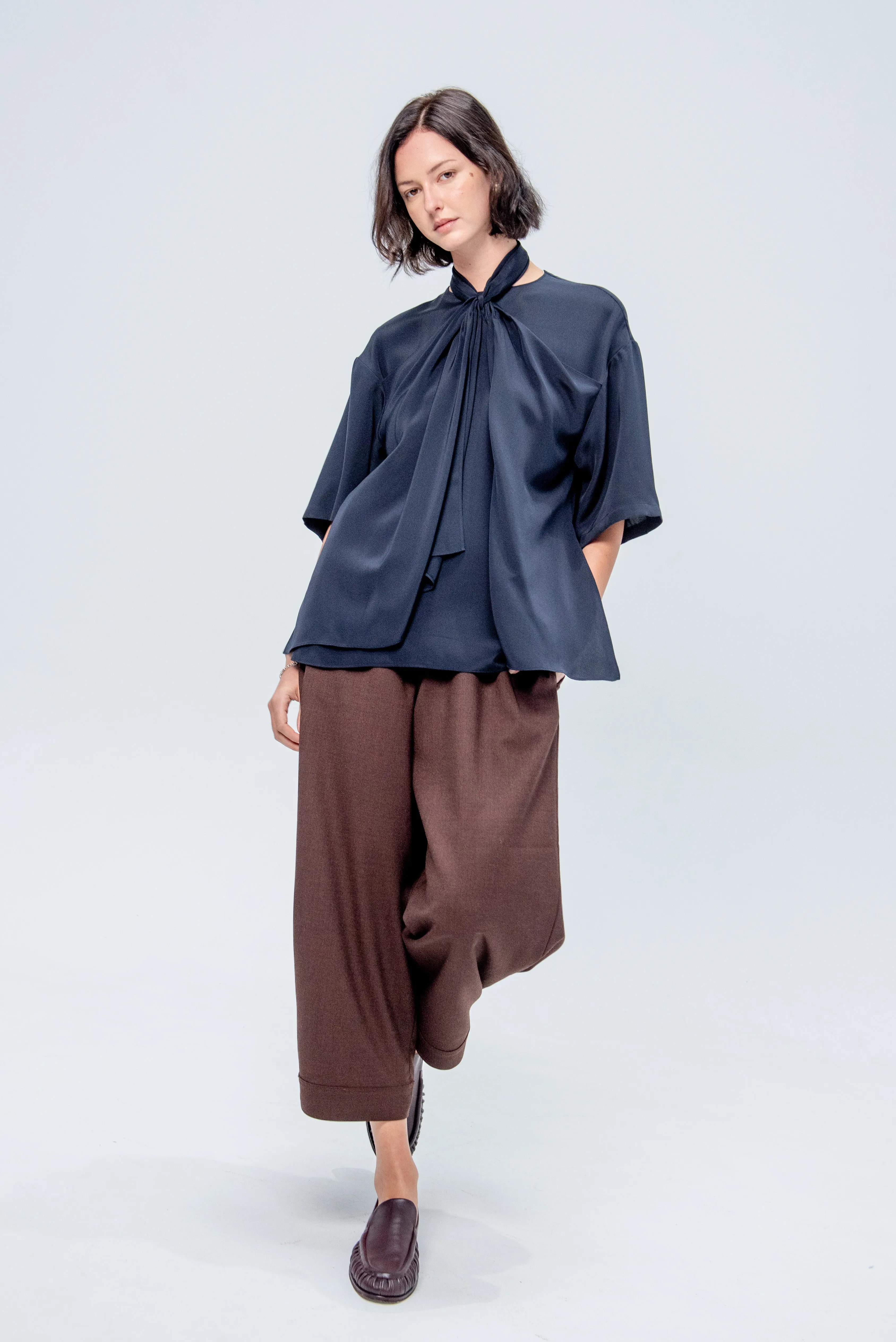 4-Ply Silk Tie Front Top, Dark Navy sold by Kick Pleat product image thumbnail 2