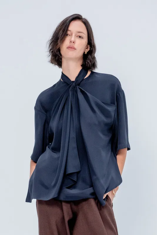 4-Ply Silk Tie Front Top, Dark Navy sold by Kick Pleat