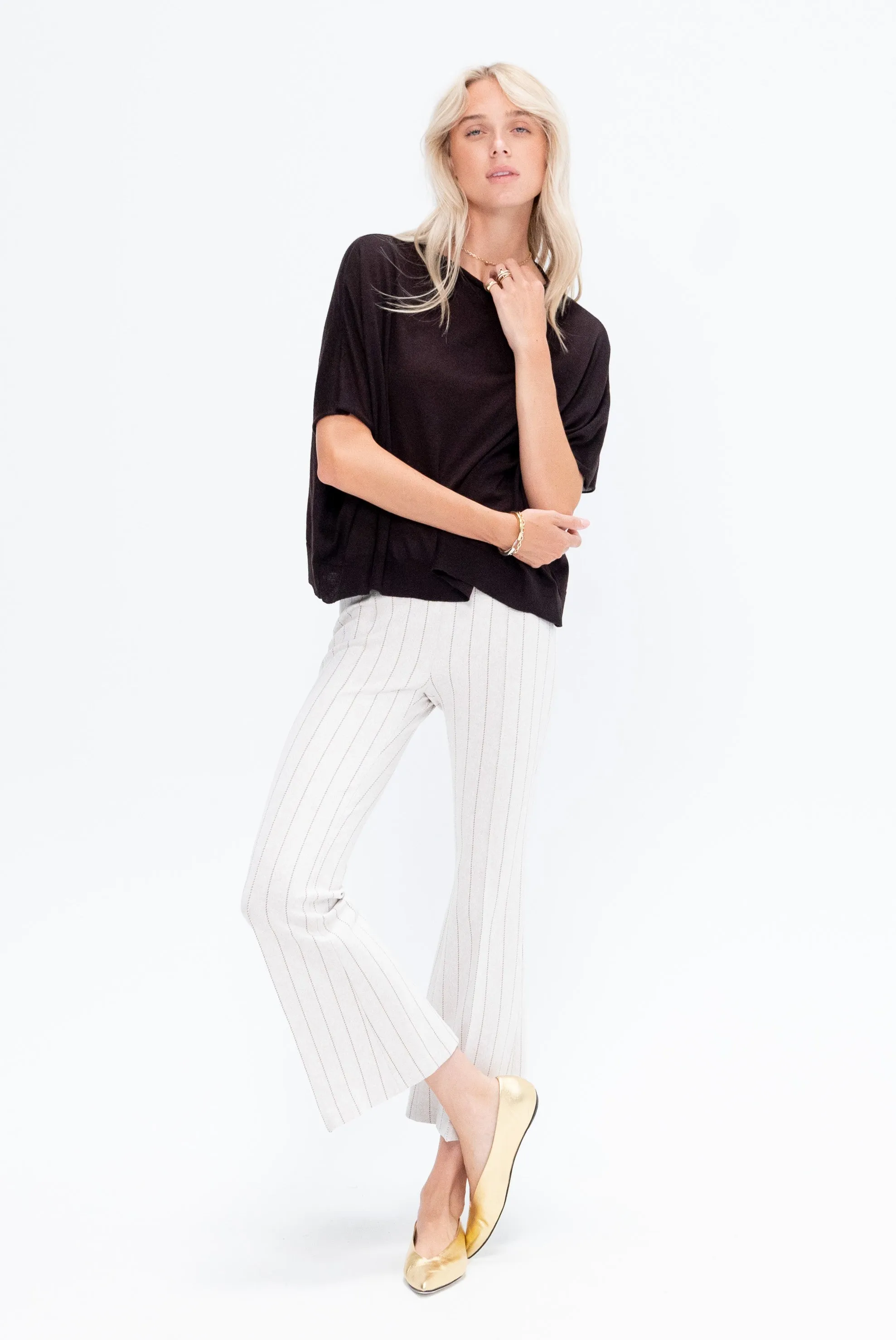 Pull On Cropped Flare Pants - Pinstripe, Beige & Brown sold by Kick Pleat