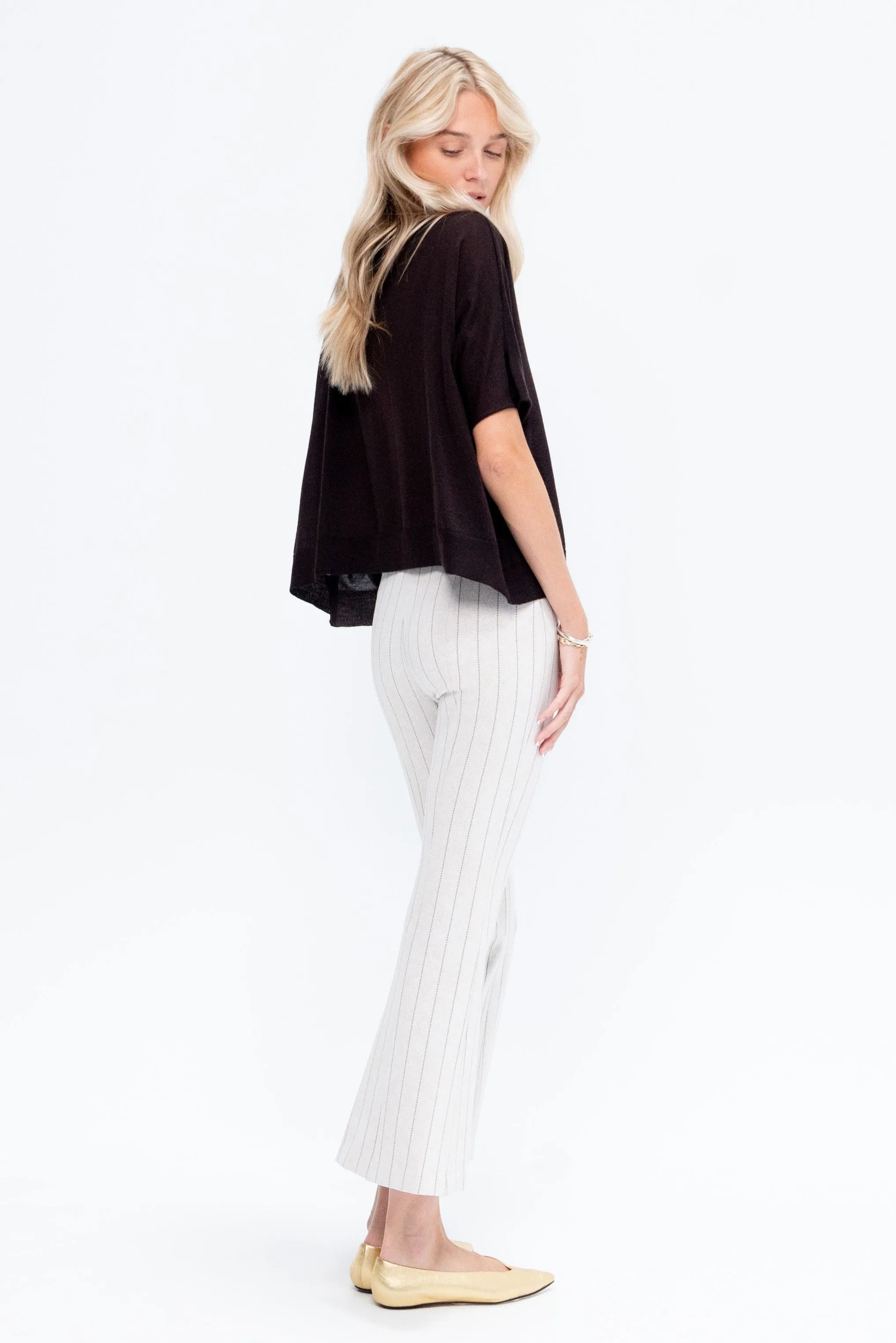 Pull On Cropped Flare Pants - Pinstripe, Beige & Brown sold by Kick Pleat product image thumbnail 5