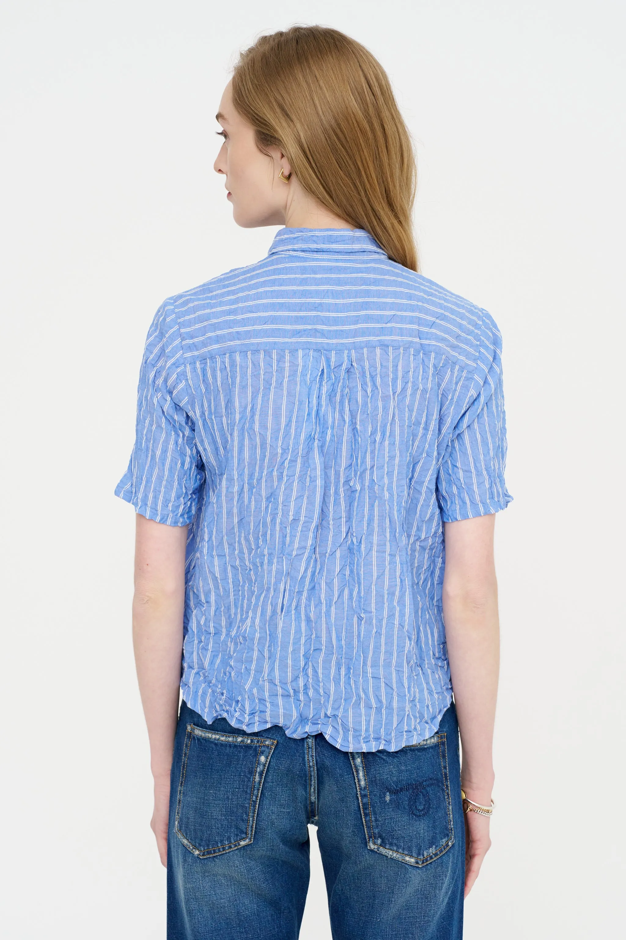 Blue Shirring Stripe Short Sleeve Blouse, Saxe Blue sold by Kick Pleat product image thumbnail 4