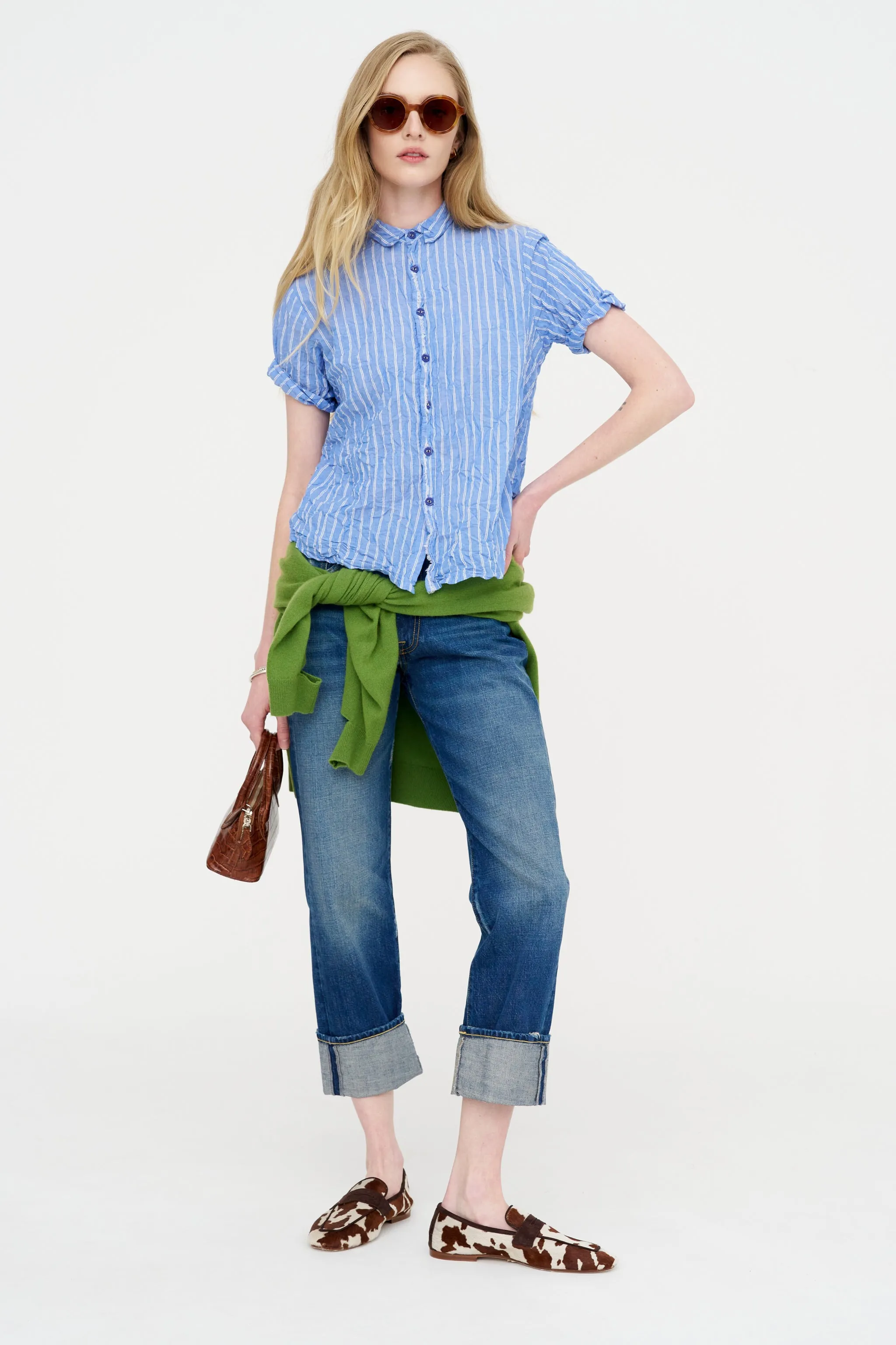 Blue Shirring Stripe Short Sleeve Blouse, Saxe Blue sold by Kick Pleat product image thumbnail 5