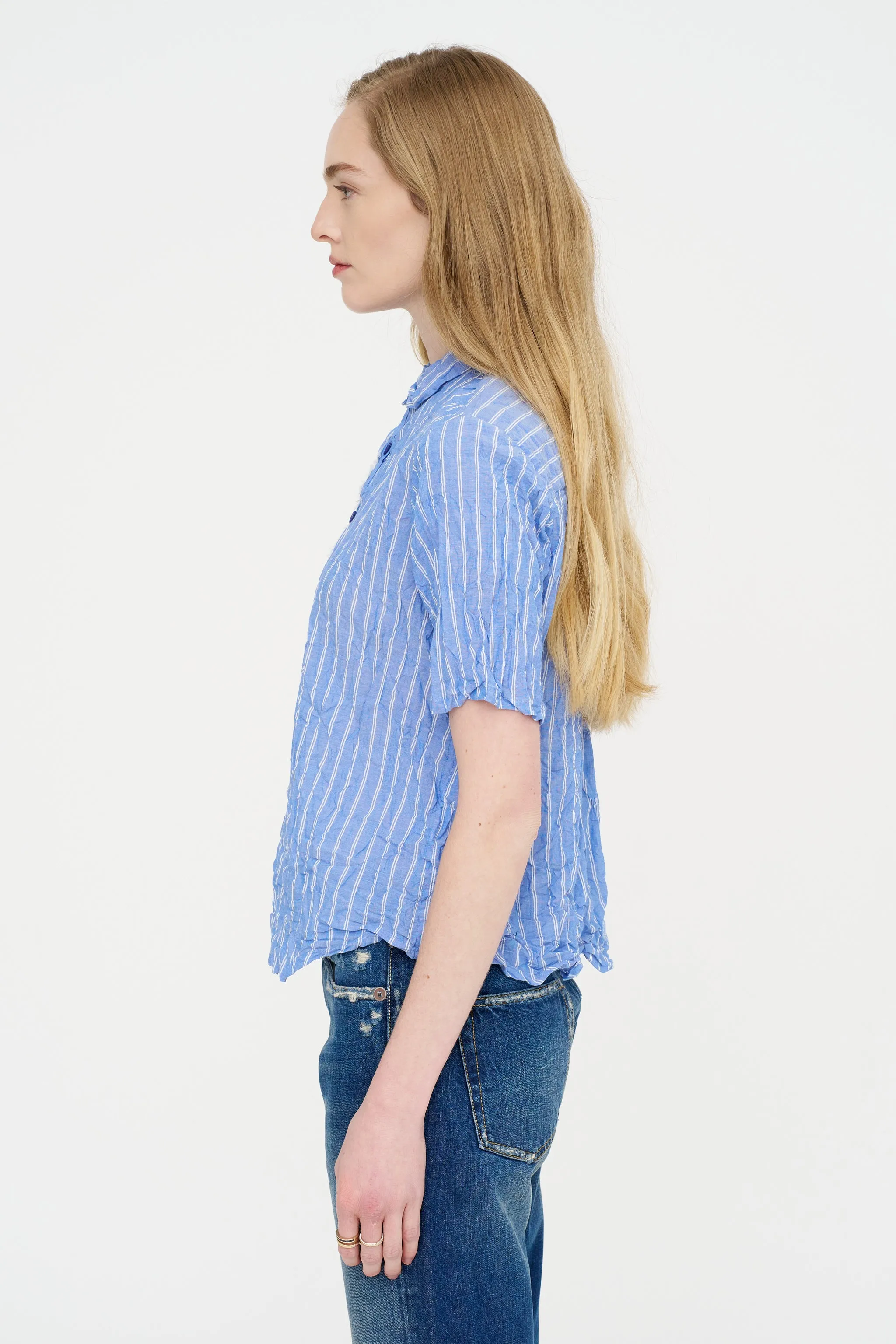 Blue Shirring Stripe Short Sleeve Blouse, Saxe Blue sold by Kick Pleat product image thumbnail 3