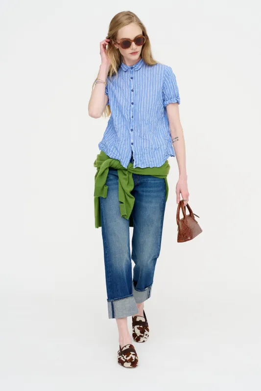 Blue Shirring Stripe Short Sleeve Blouse, Saxe Blue made by Kick Pleat