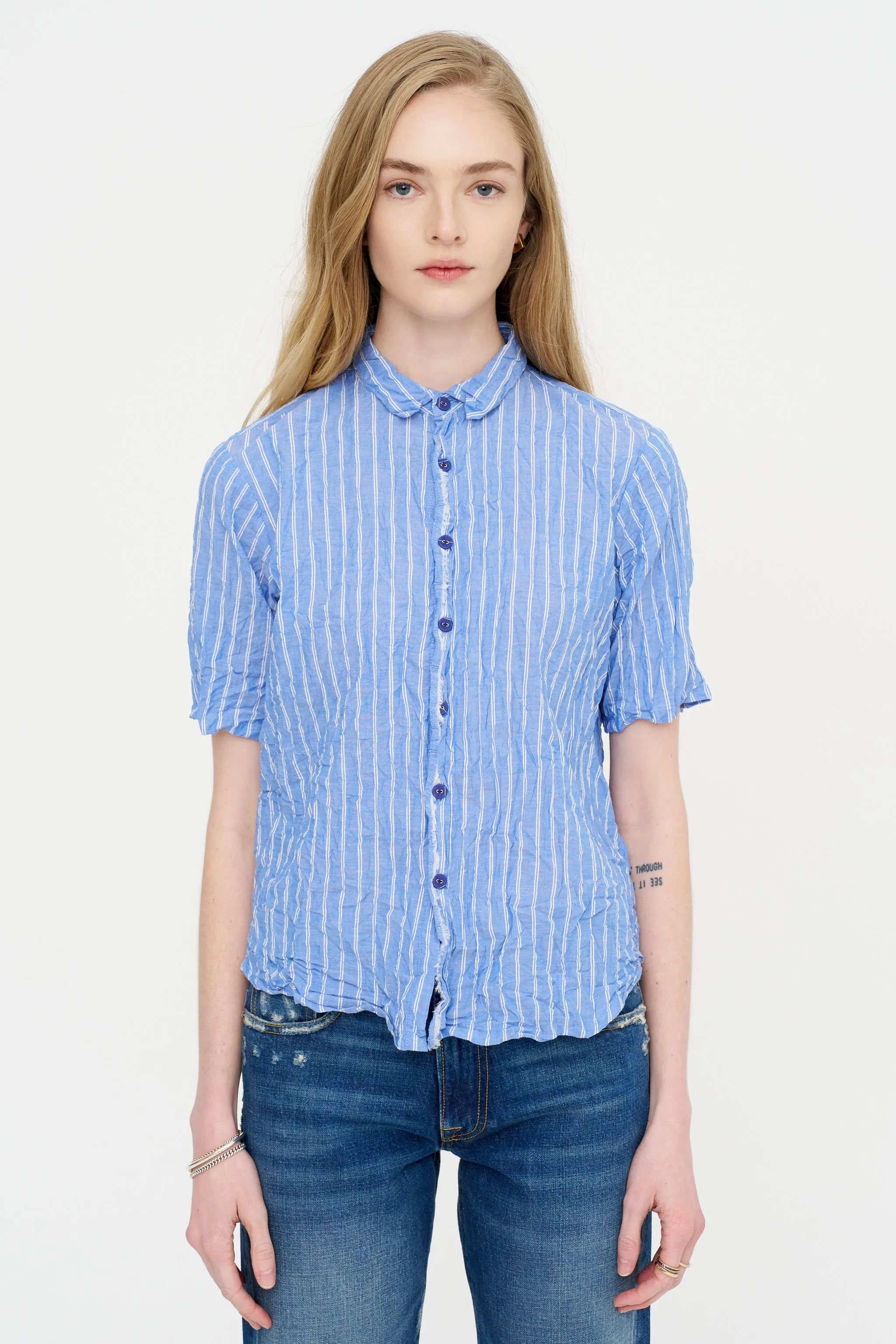 Blue Shirring Stripe Short Sleeve Blouse, Saxe Blue sold by Kick Pleat product image thumbnail 2