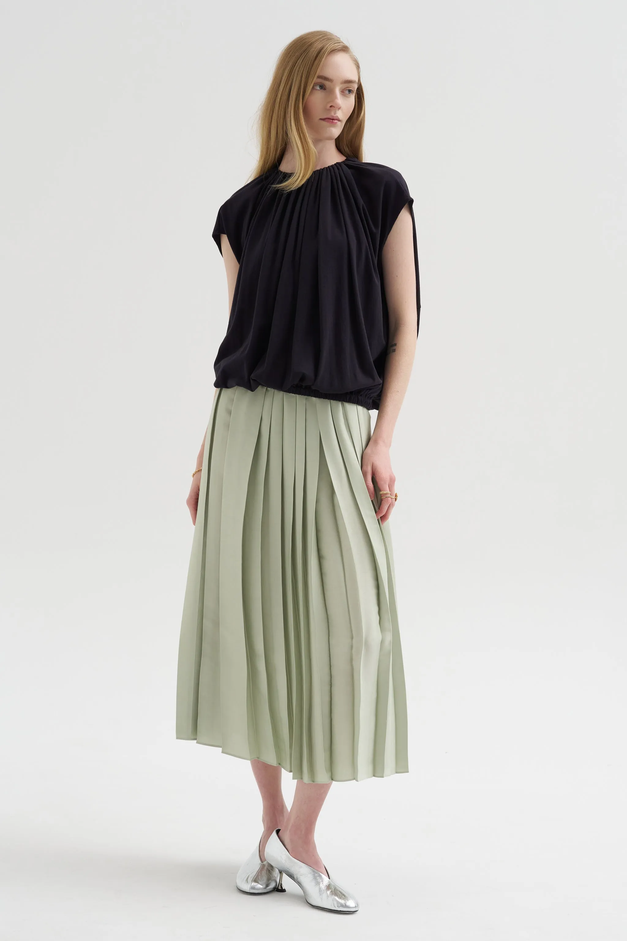 Shirred Neck Circular T-Shirt sold by Kick Pleat