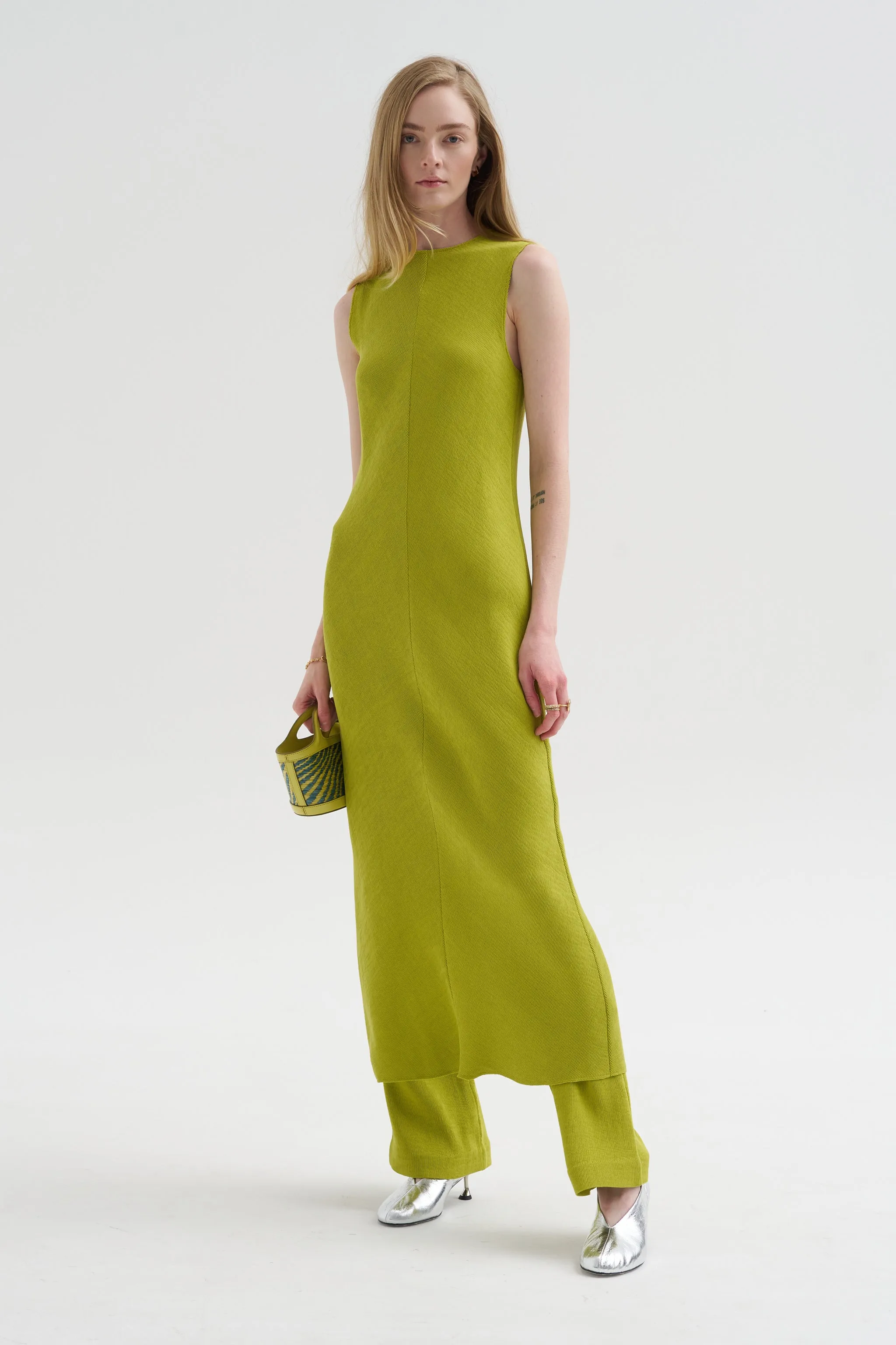 Viscose Plisse Sleeveless Bias Dress, Pea Pod sold by Kick Pleat