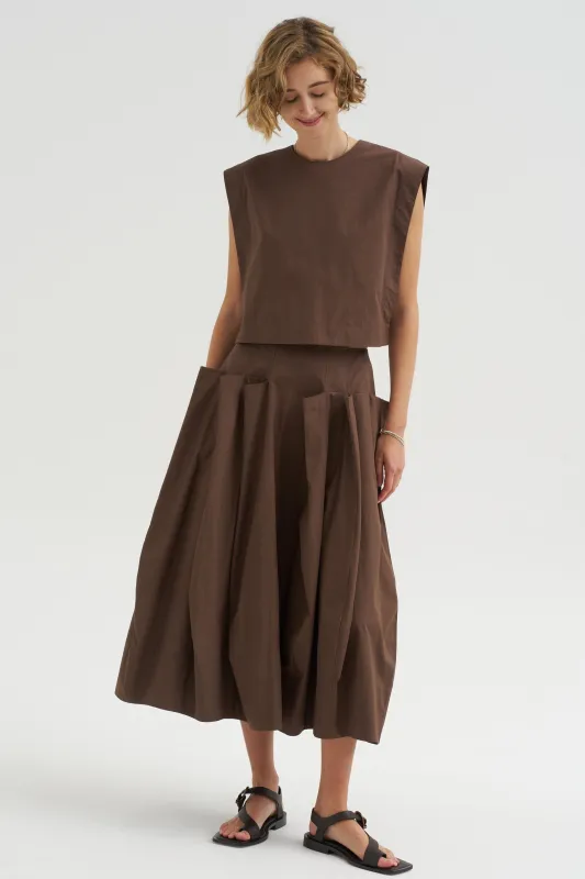 Compact Eco Poplin Pinched Pleat Full Skirt, Sepia Brown made by Tibi