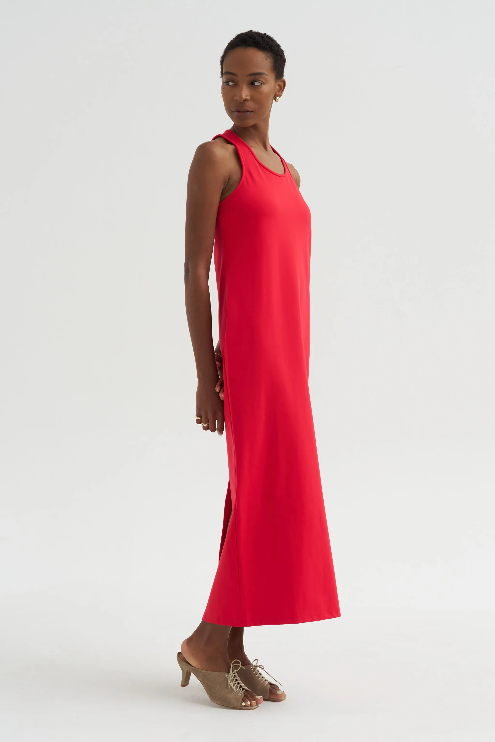 Compact Ultra Stretch Knit Sleeveless Dress, Red sold by Kick Pleat