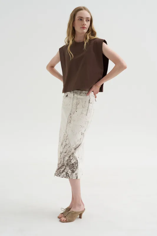 Calcimin Denim Midi Trouser Zip Skirt, Ivory Multi made by Tibi