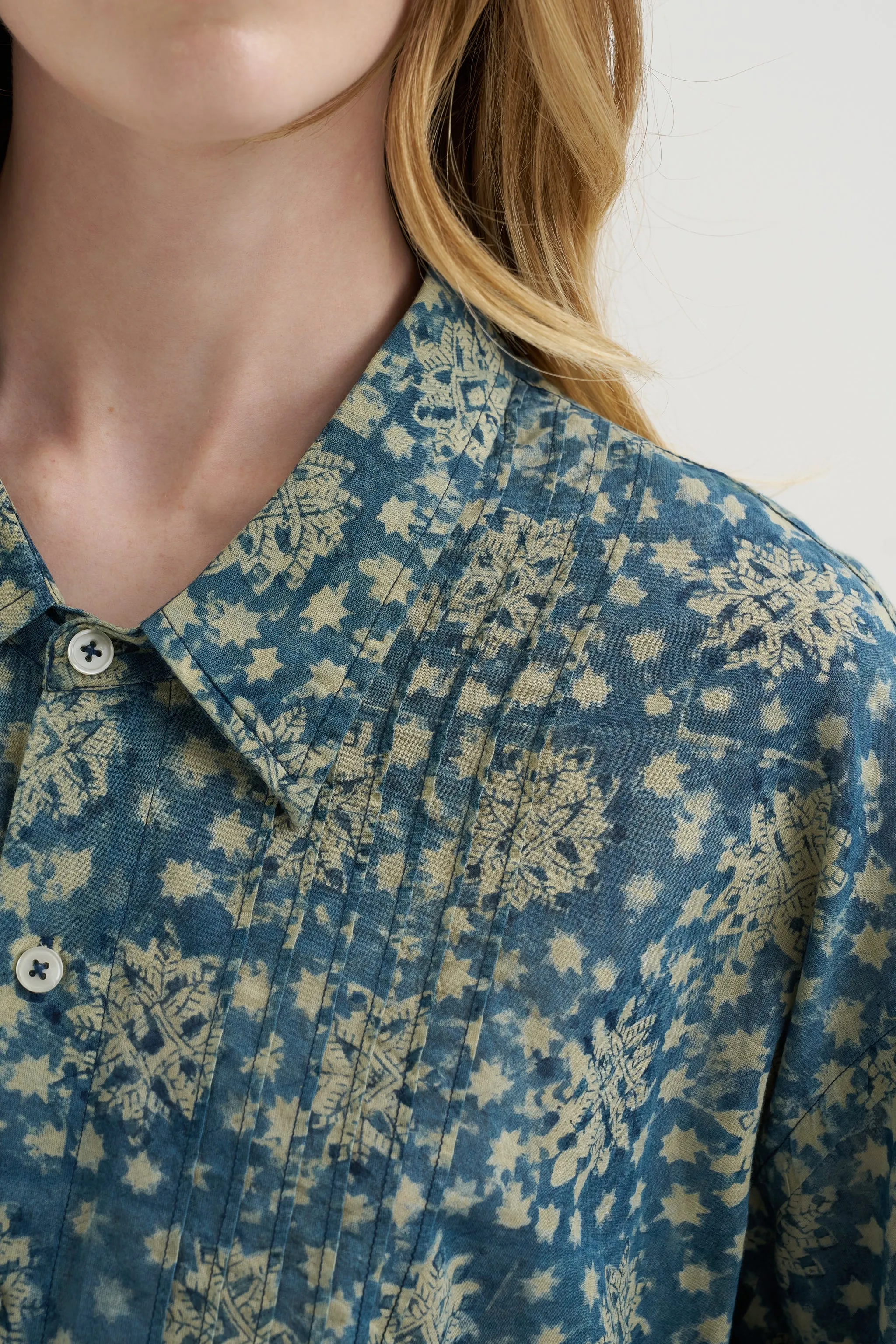 Pintuck Drop Neck Shirt, Indigo Medallion Print sold by Kick Pleat product image thumbnail 5