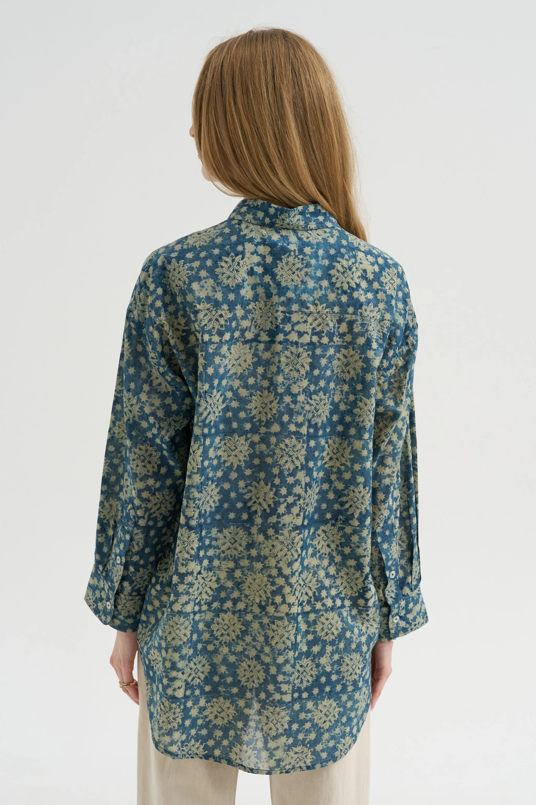 Pintuck Drop Neck Shirt, Indigo Medallion Print sold by Kick Pleat product image thumbnail 4