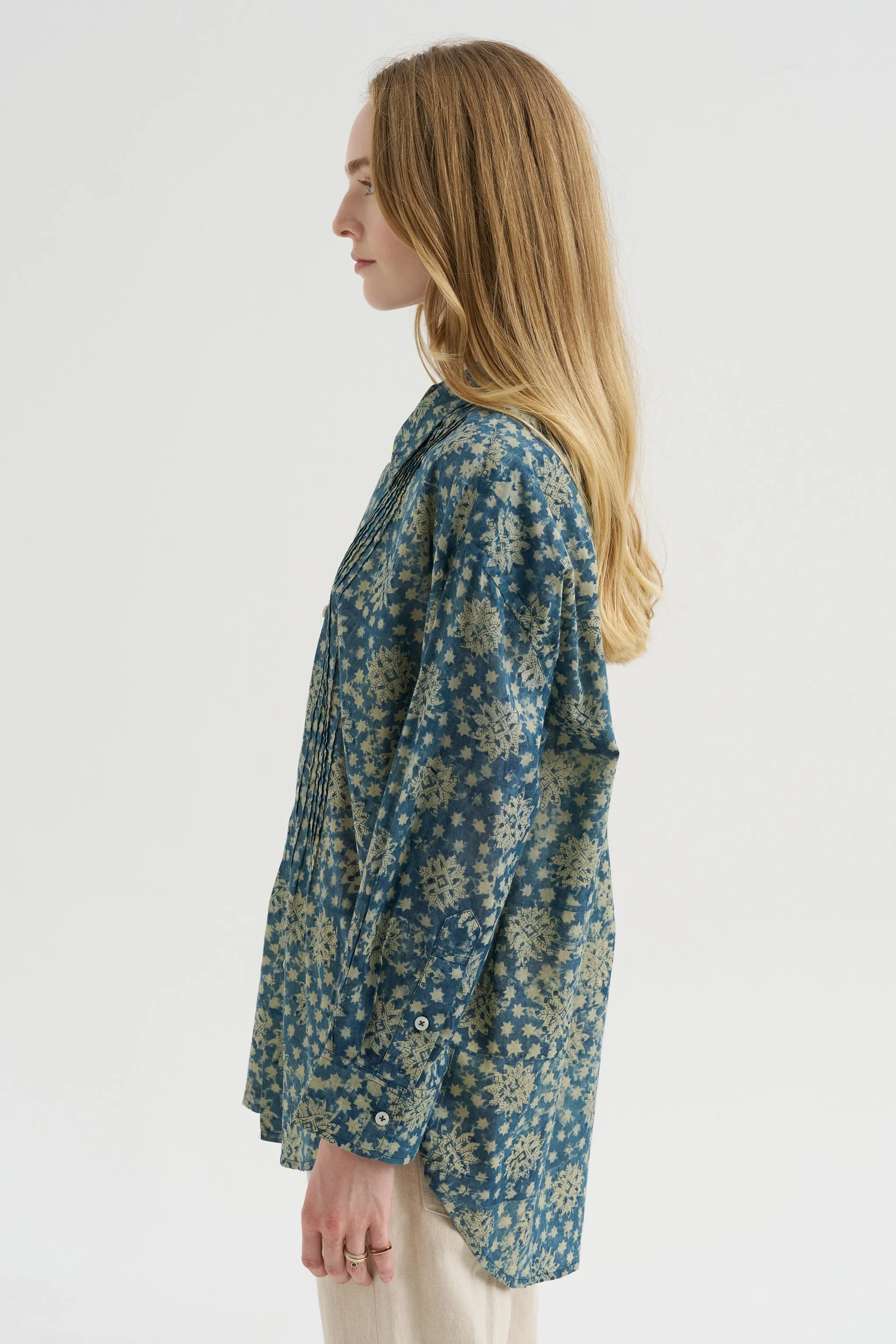 Pintuck Drop Neck Shirt, Indigo Medallion Print sold by Kick Pleat product image thumbnail 3