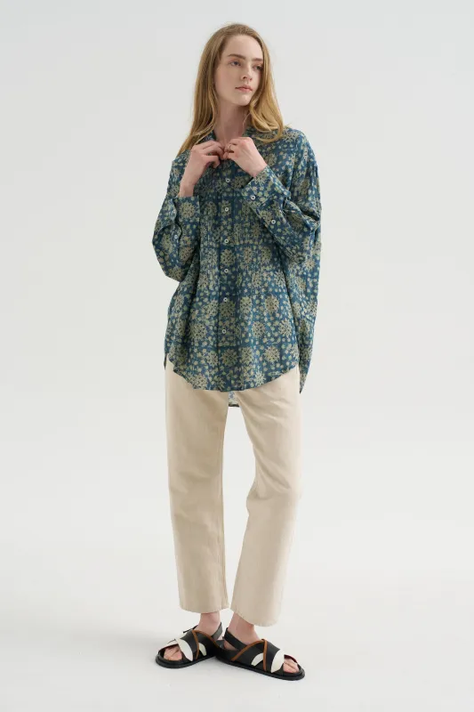 Pintuck Drop Neck Shirt, Indigo Medallion Print made by R13