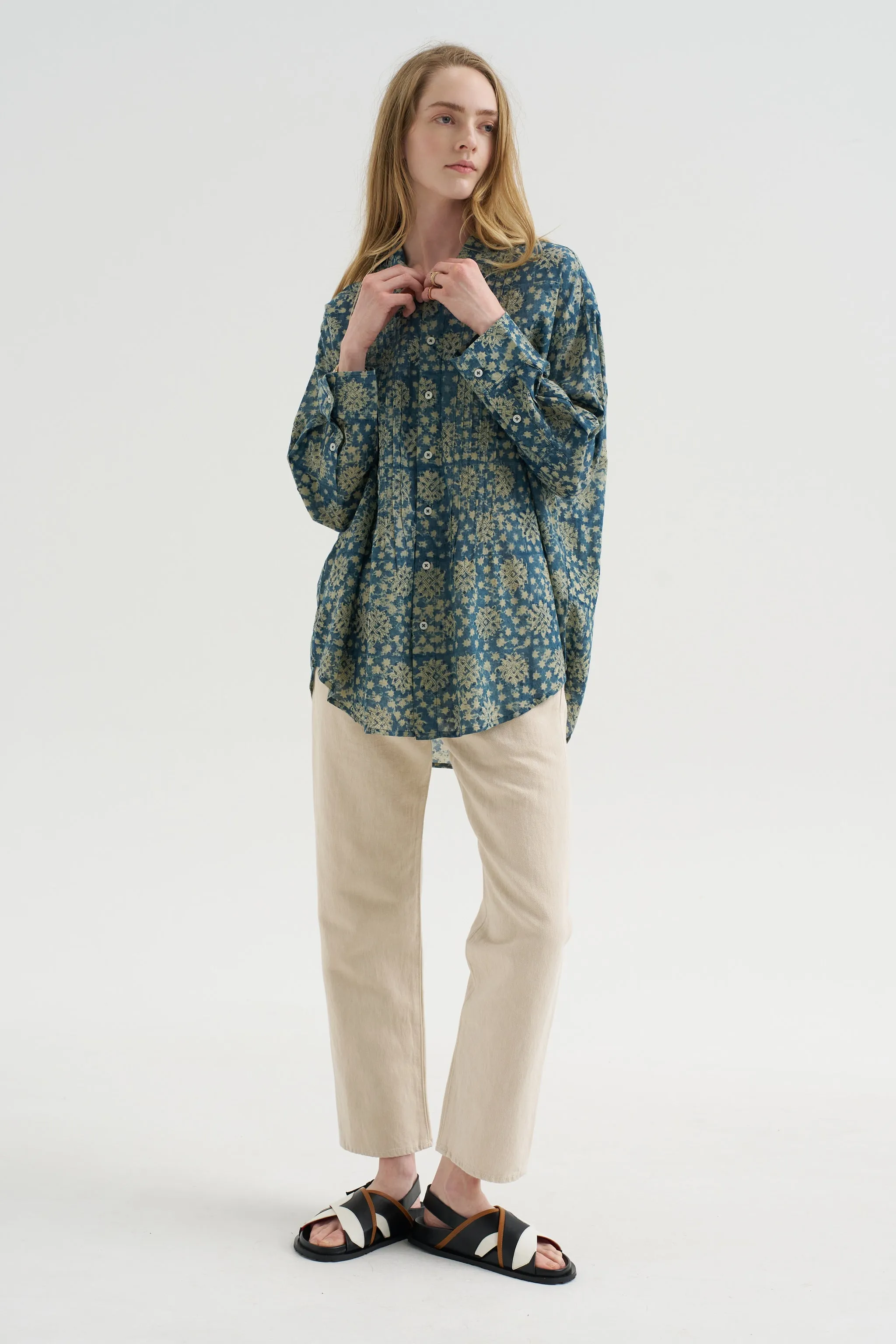 Pintuck Drop Neck Shirt, Indigo Medallion Print sold by Kick Pleat
