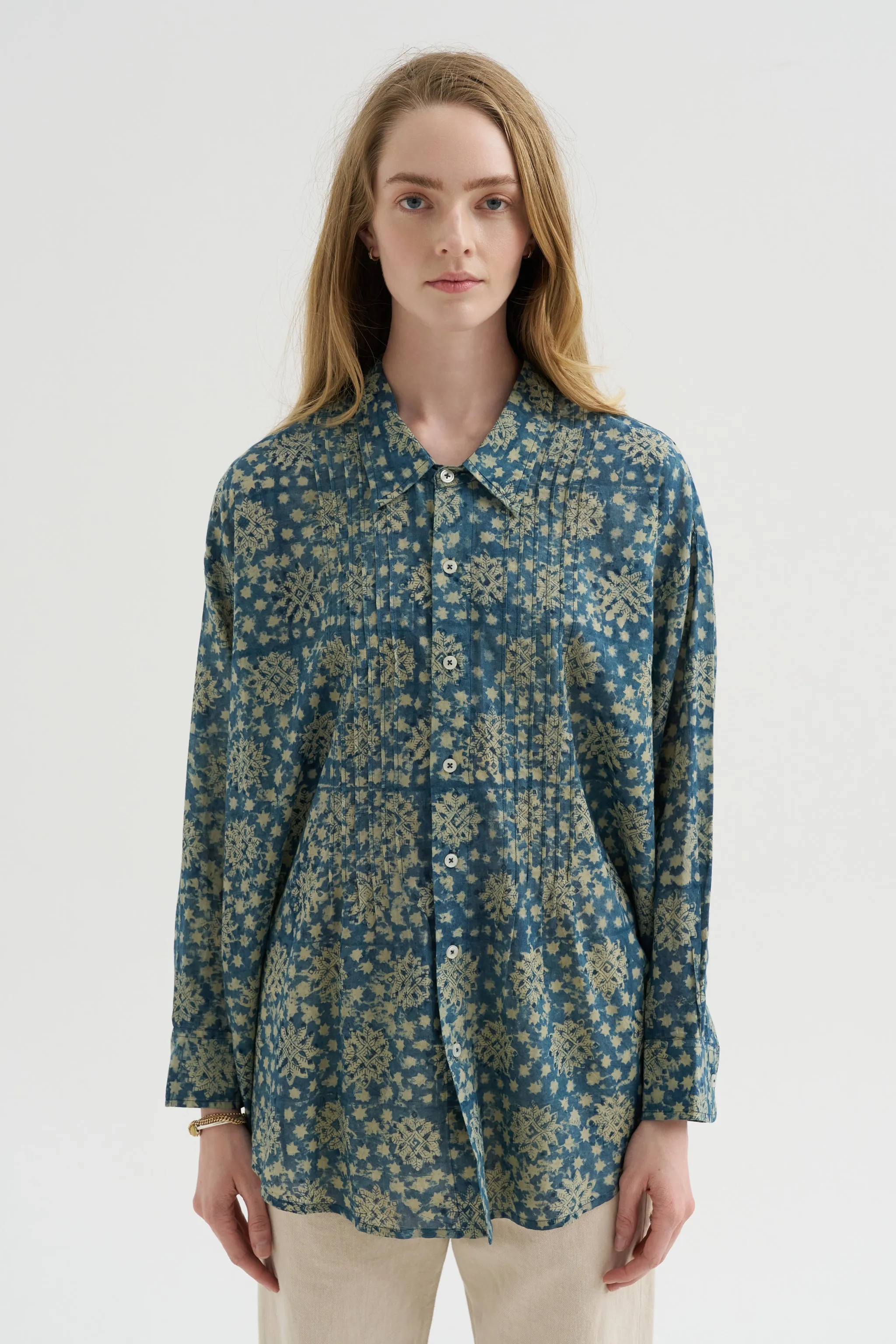 Pintuck Drop Neck Shirt, Indigo Medallion Print sold by Kick Pleat product image thumbnail 2