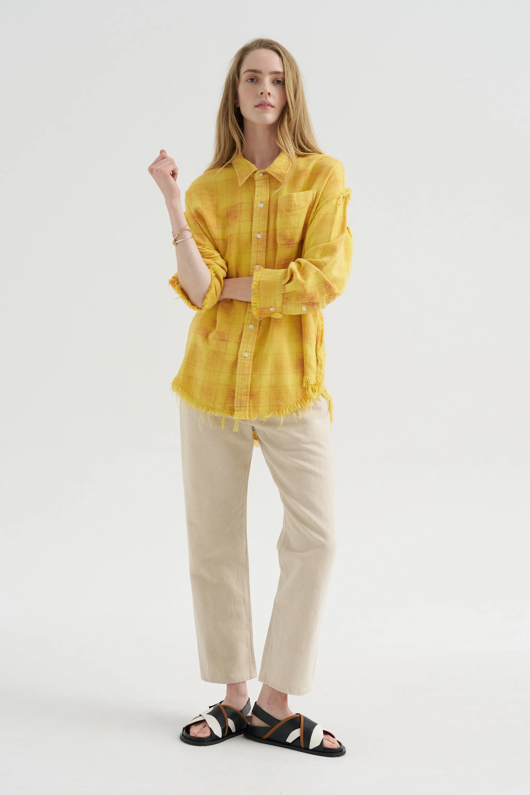 Shredded Seam Drop Neck Shirt, Yellow Plaid sold by Kick Pleat